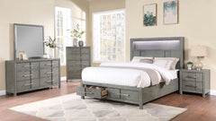 KENZO Modern Style Full 5PC Storage Bedroom Set Made with Wood, LED Headboard, Bluetooth Speakers & USB Ports - Grey(NJ INVENTORY)