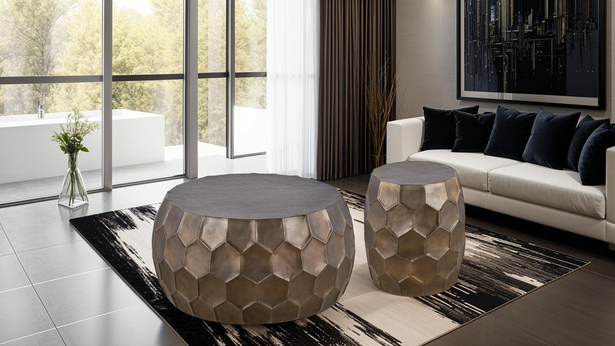 Modern Contemporary Round Aluminum material 32" Coffee Table and 21"Height End Table Set 2PC Tables with Glossy Diamond-Patterned Base Gold