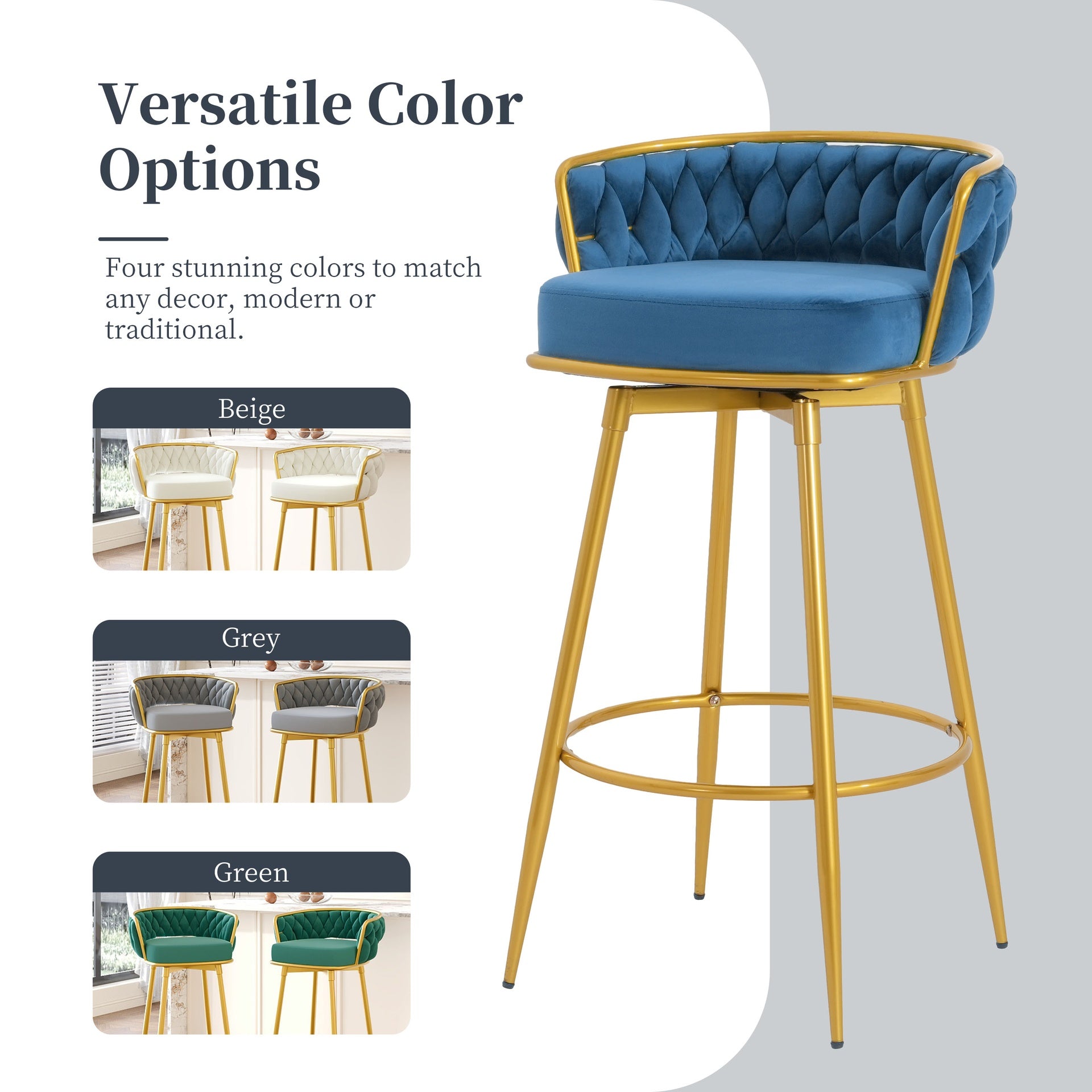 Swivel Counter Height Bar Stools Set of 2, 31." Bar Height Stools with Hand-Woven Backrest & Gold Metal Legs, Modern Low Back Upholstered Kitchen Chairs with Footrest for Island, Dining Room,Blue
