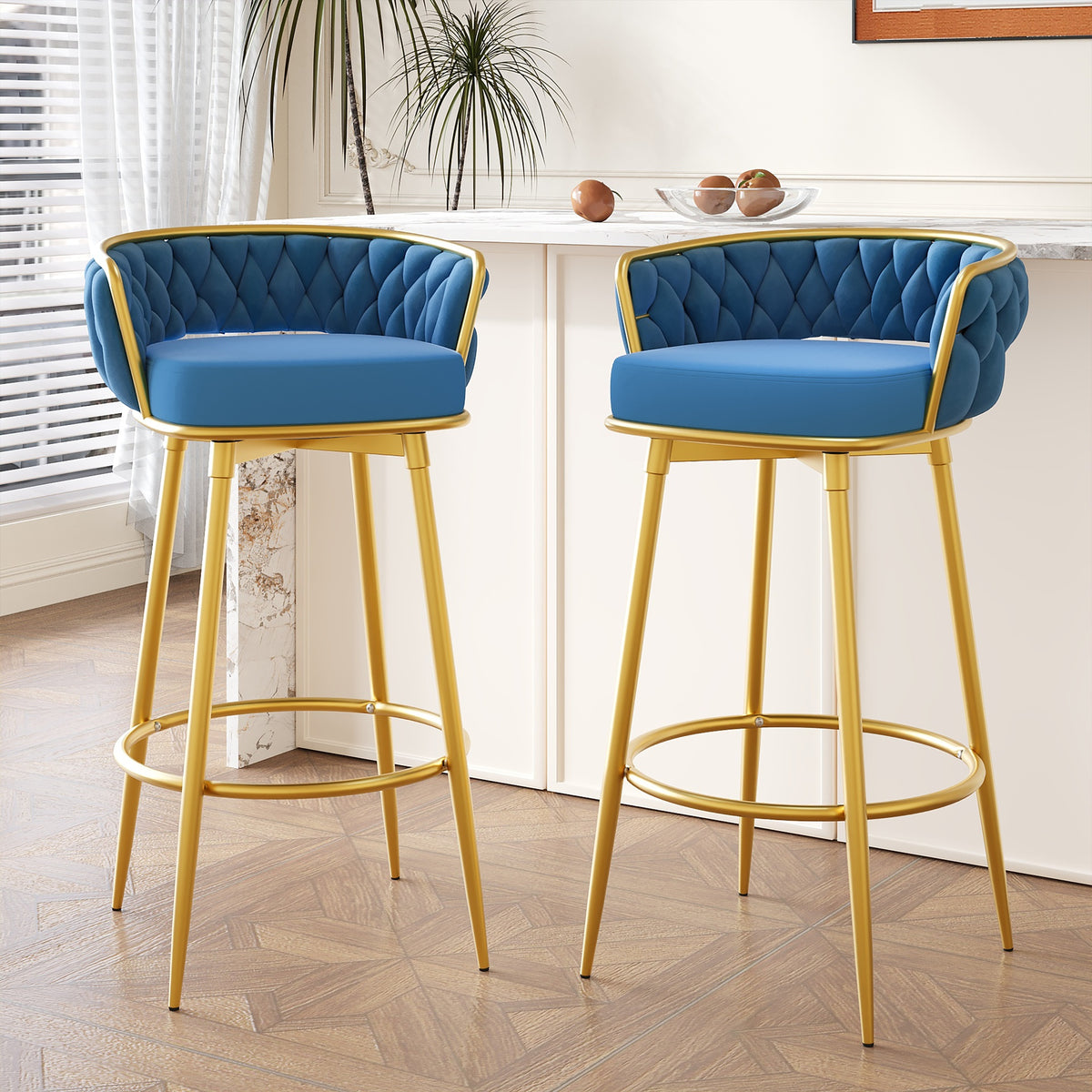 Swivel Counter Height Bar Stools Set of 2, 31." Bar Height Stools with Hand-Woven Backrest & Gold Metal Legs, Modern Low Back Upholstered Kitchen Chairs with Footrest for Island, Dining Room,Blue