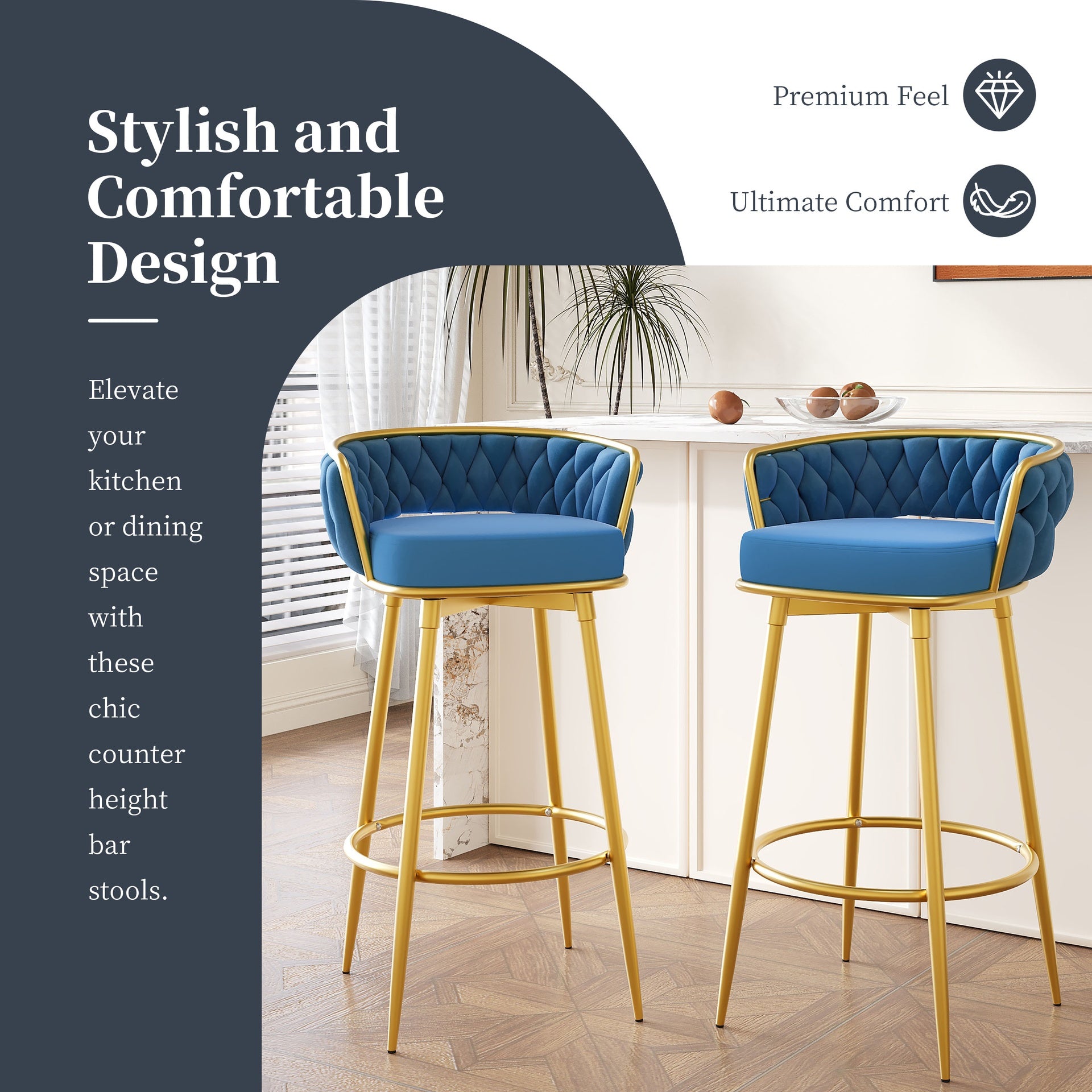Swivel Counter Height Bar Stools Set of 2, 31." Bar Height Stools with Hand-Woven Backrest & Gold Metal Legs, Modern Low Back Upholstered Kitchen Chairs with Footrest for Island, Dining Room,Blue