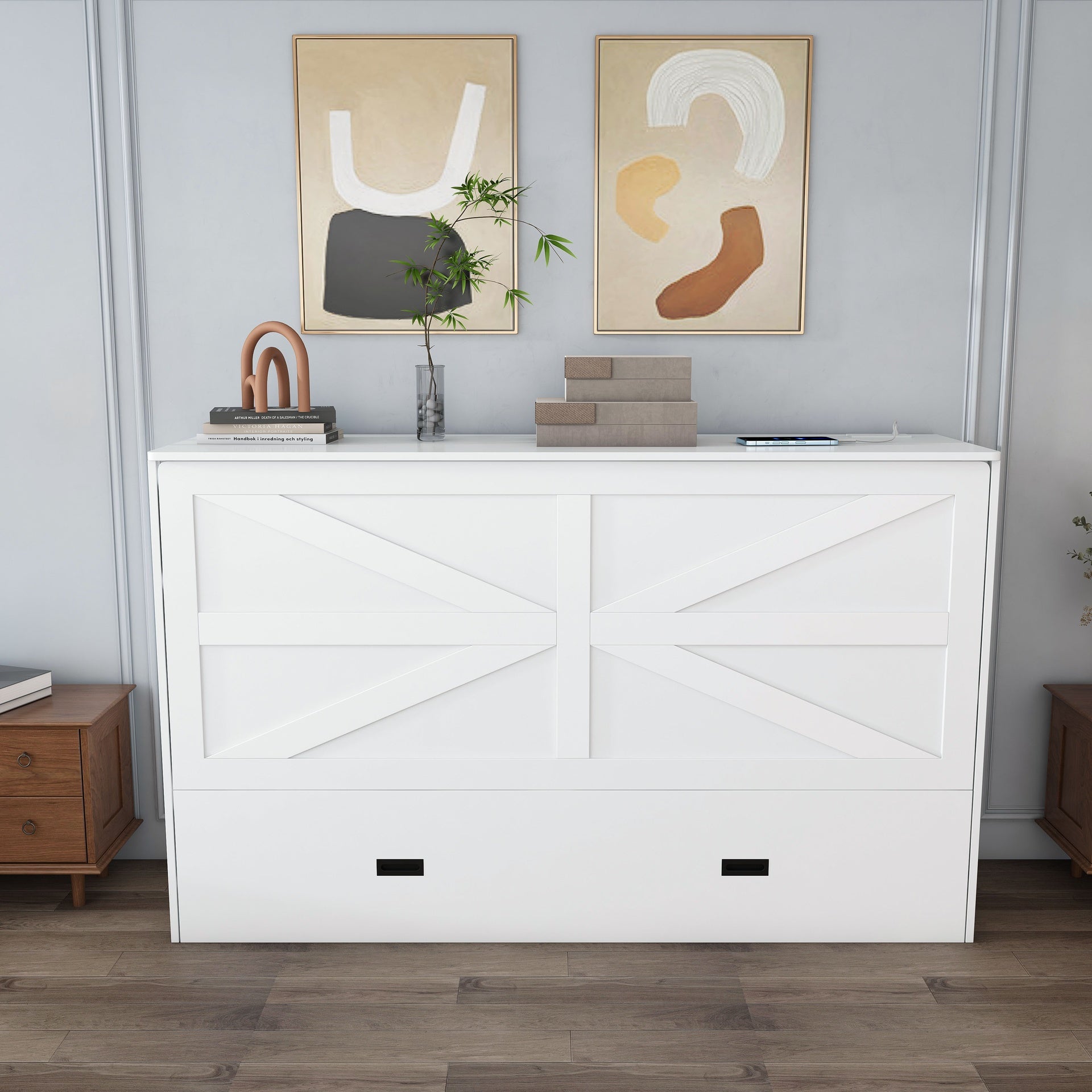 57 inches Murphy bed, with storage drawers and charging cabinet, with foldable panels, with swivel wheels, noise-free, suitable for guest rooms, living rooms and offices,white
