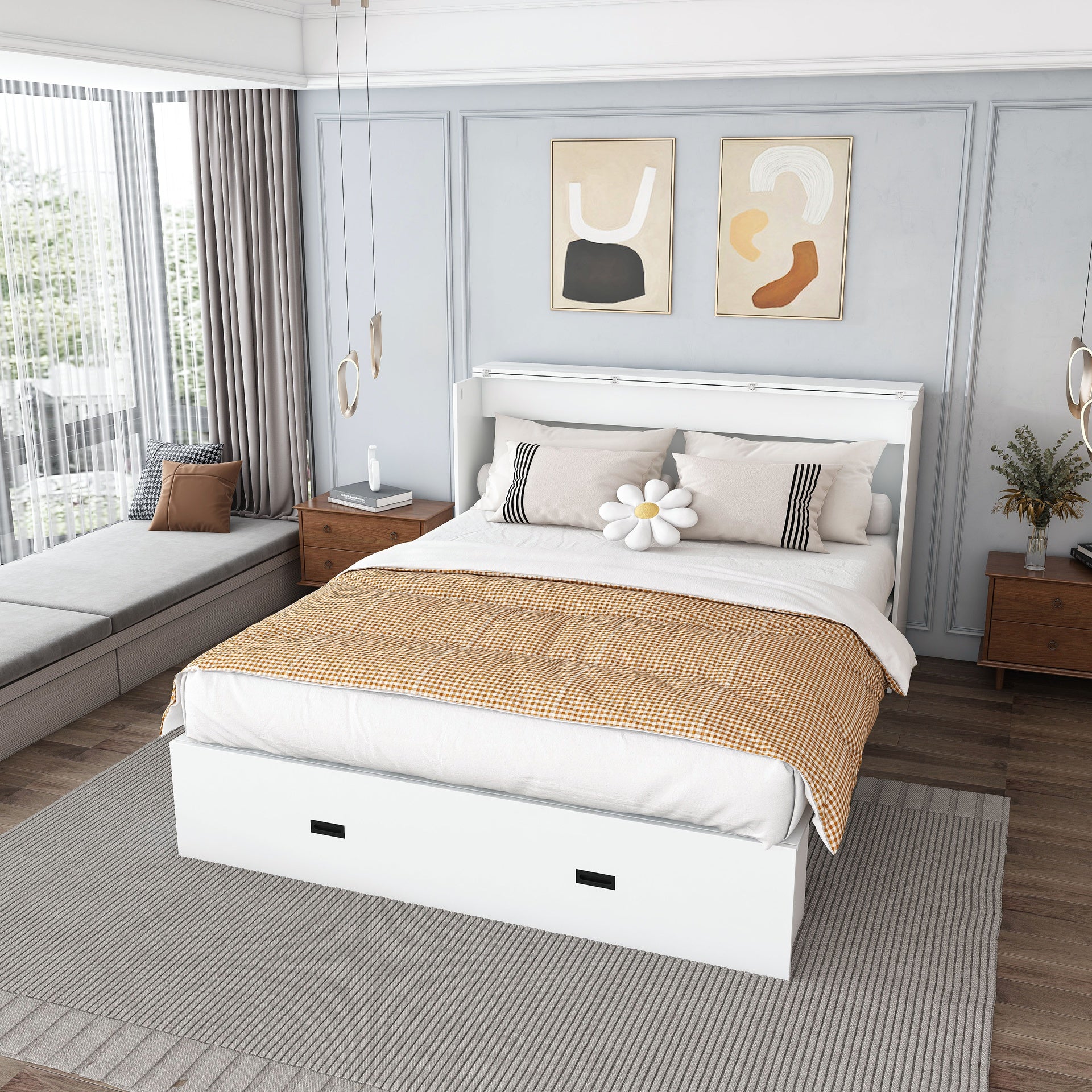 57 inches Murphy bed, with storage drawers and charging cabinet, with foldable panels, with swivel wheels, noise-free, suitable for guest rooms, living rooms and offices,white