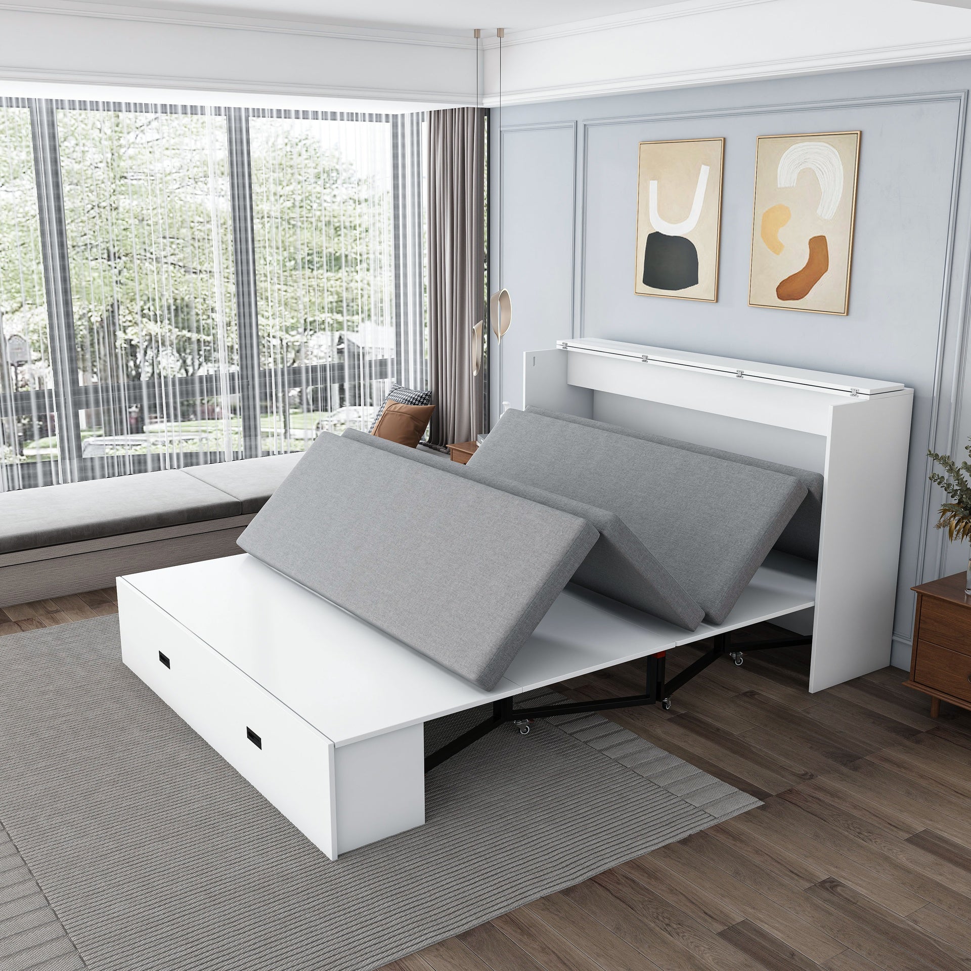 57 inches Murphy bed, with storage drawers and charging cabinet, with foldable panels, with swivel wheels, noise-free, suitable for guest rooms, living rooms and offices,white