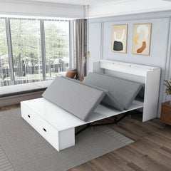 57 inches Murphy bed, with storage drawers and charging cabinet, with foldable panels, with swivel wheels, noise-free, suitable for guest rooms, living rooms and offices,white
