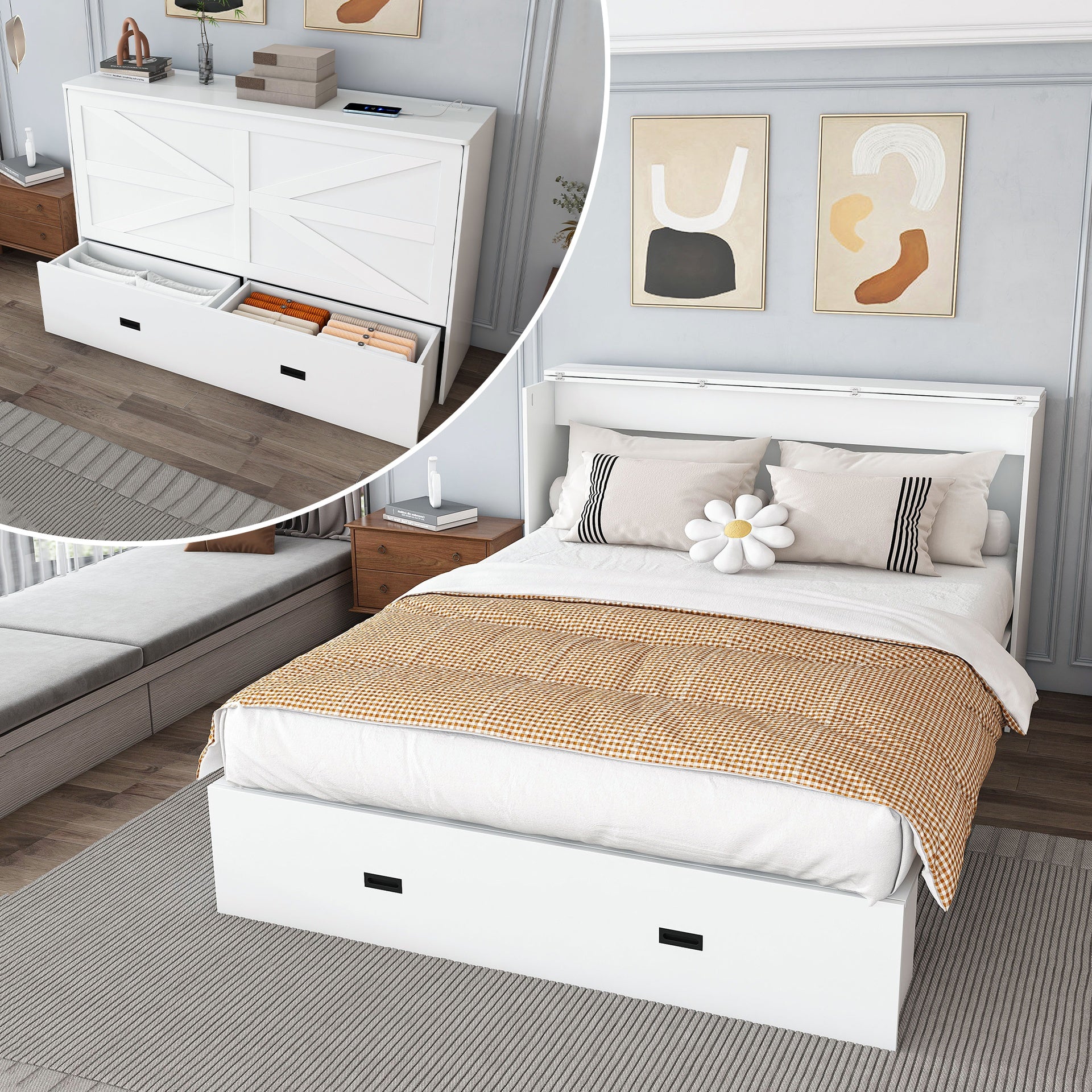 57 inches Murphy bed, with storage drawers and charging cabinet, with foldable panels, with swivel wheels, noise-free, suitable for guest rooms, living rooms and offices,white