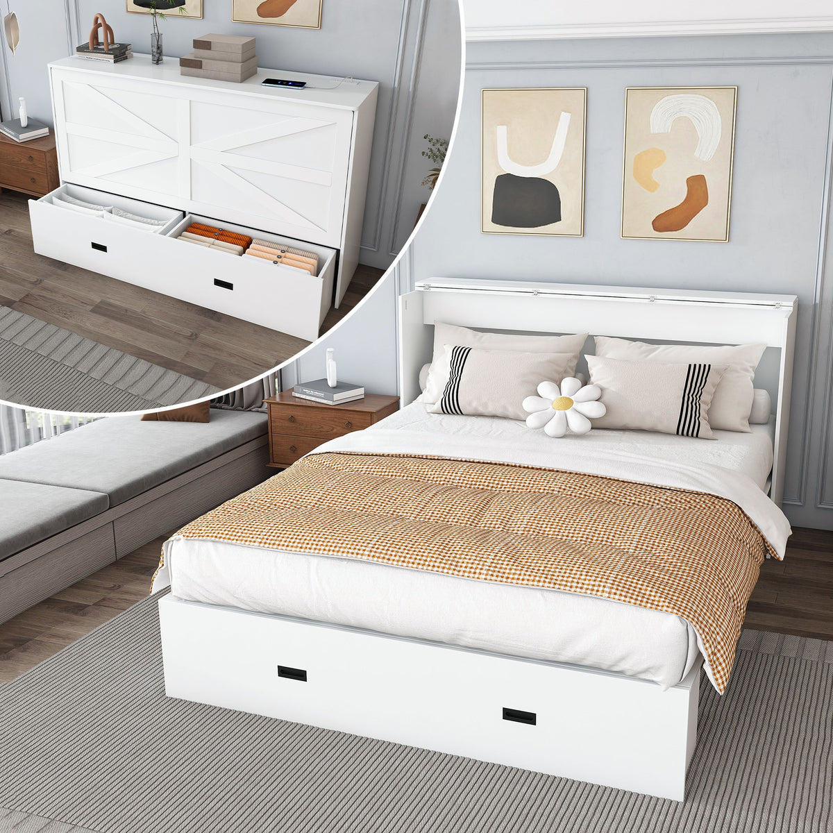 57 inches Murphy bed, with storage drawers and charging cabinet, with foldable panels, with swivel wheels, noise-free, suitable for guest rooms, living rooms and offices,white