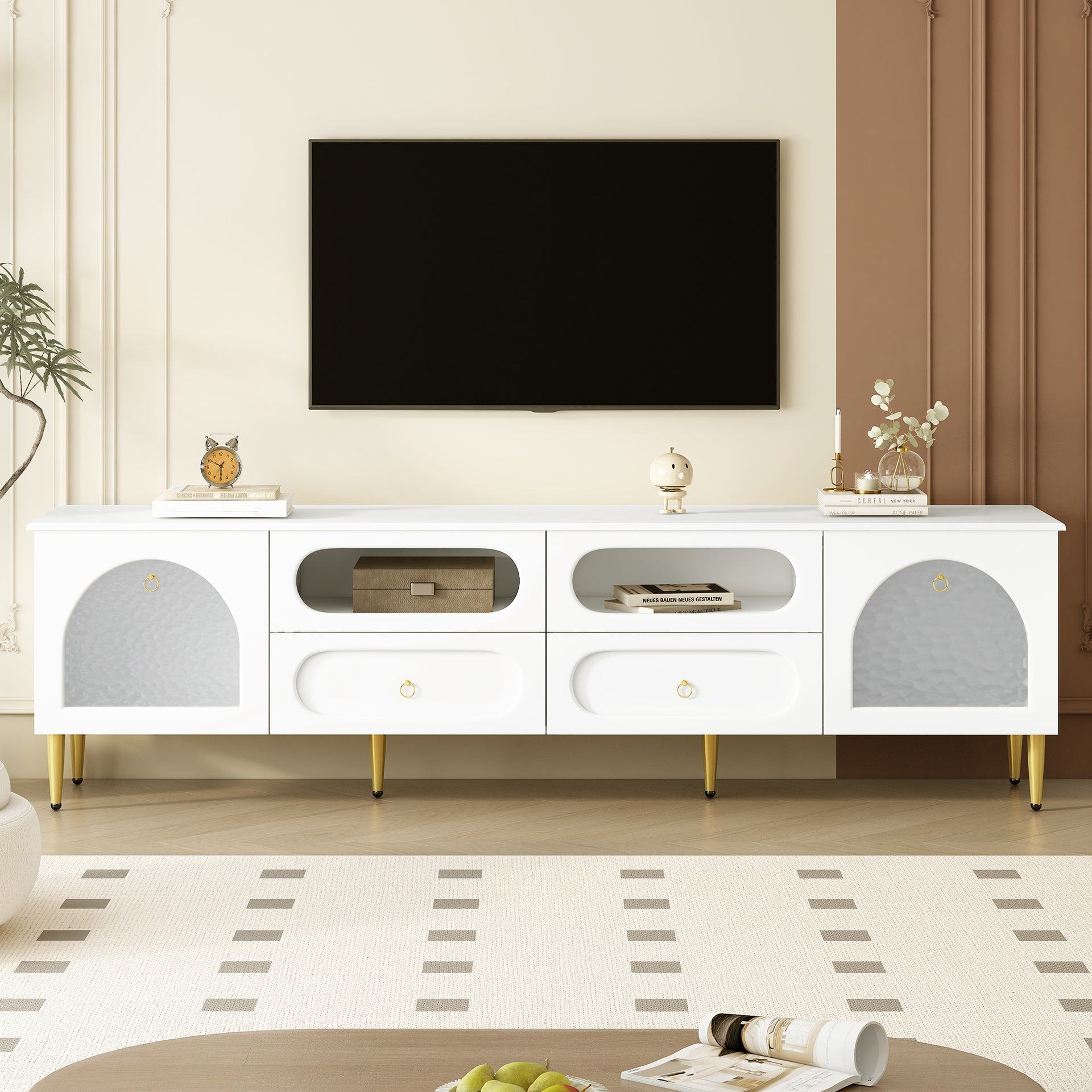 VIBE HAUS 78.8'' Retro TV Stand, Entertainment Center Media Console Cabinet with Six Metal Legs, 2 Cabinets, 4 Drawers and Anti-tip Device For Living room, Up to 85''