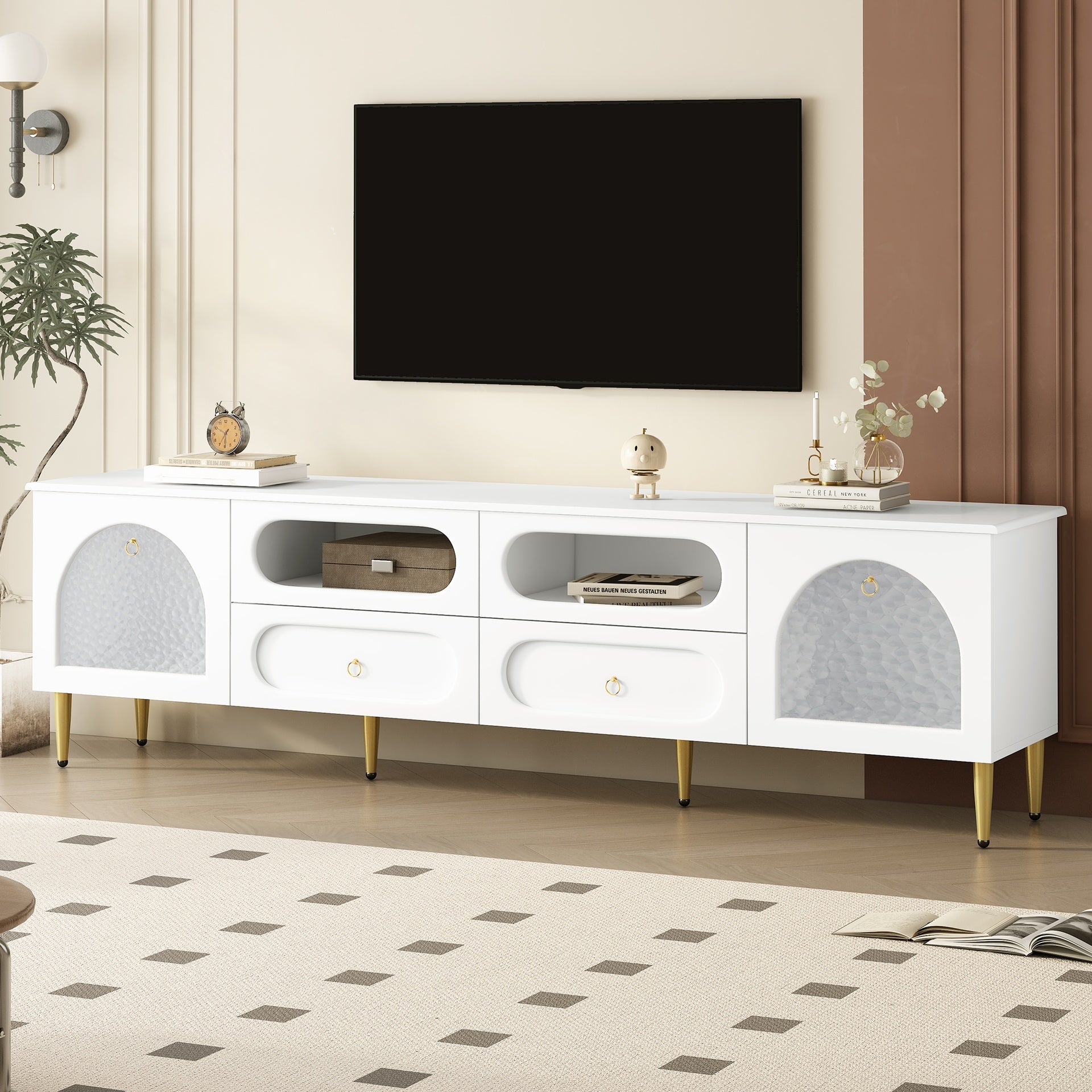 VIBE HAUS 78.8'' Retro TV Stand, Entertainment Center Media Console Cabinet with Six Metal Legs, 2 Cabinets, 4 Drawers and Anti-tip Device For Living room, Up to 85''