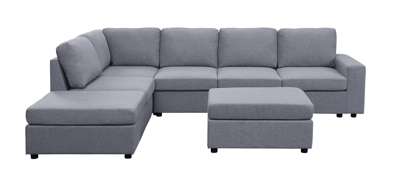 Cassia 120" Light Gray Linen 7 Seat Reversible Modular Sectional Sofa with Ottoman
