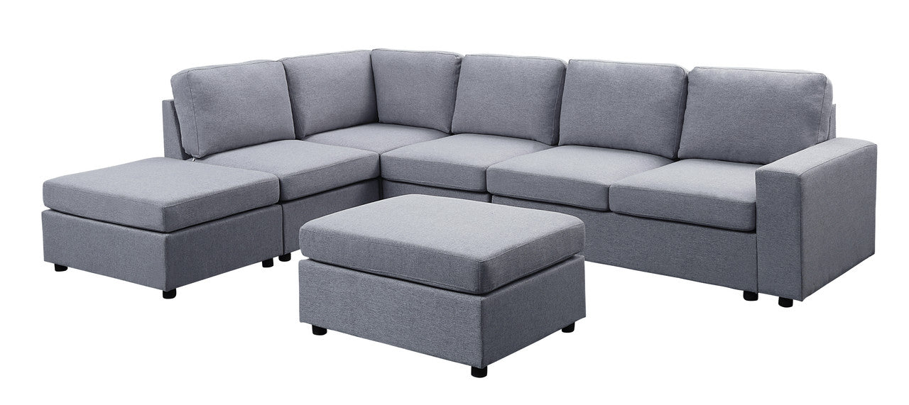 Cassia 120" Light Gray Linen 7 Seat Reversible Modular Sectional Sofa with Ottoman