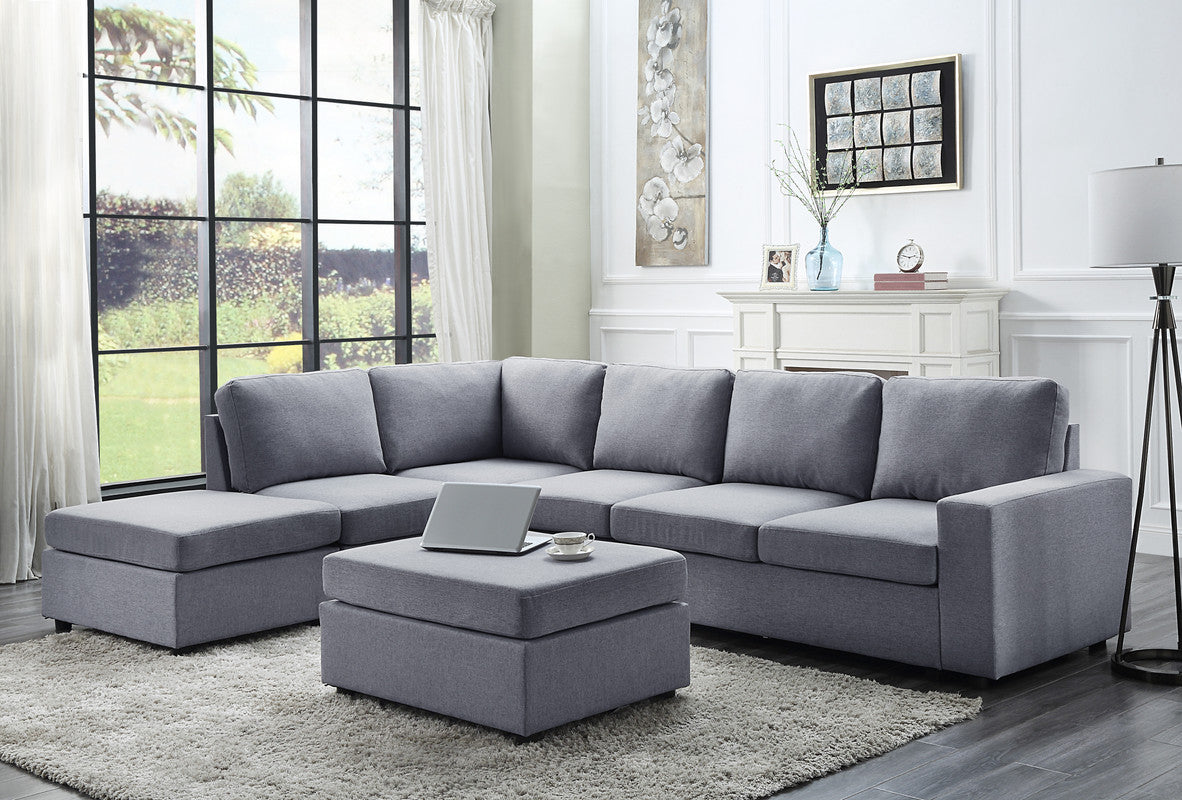Cassia 120" Light Gray Linen 7 Seat Reversible Modular Sectional Sofa with Ottoman