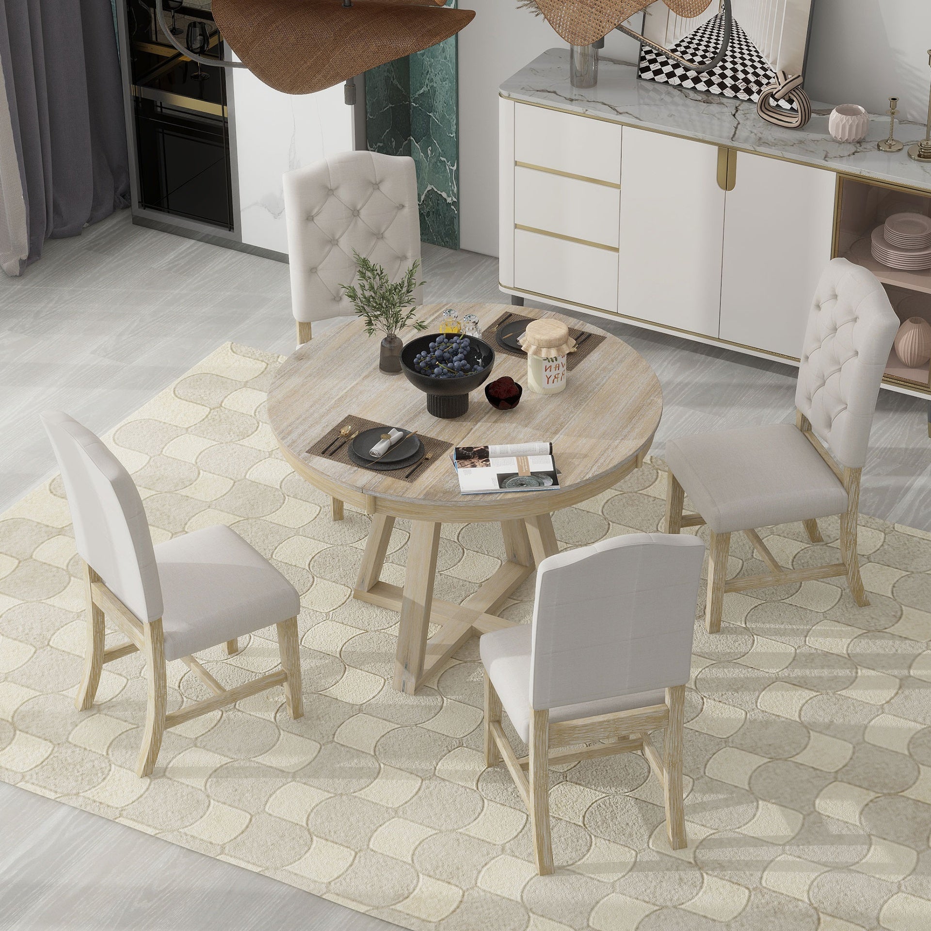 TREXM 5-Piece Retro Functional Dining Set, Round Table with a 16"W Leaf and 4 Upholstered Chairs for Dining Room and Living Room (Natural)