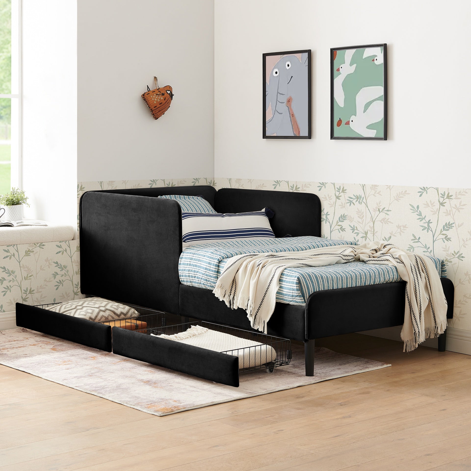 Twin Size Upholstered Platform Bed Frame with 2 Storage Drawers, Adjustable Velvet Sofa Bed, Black
