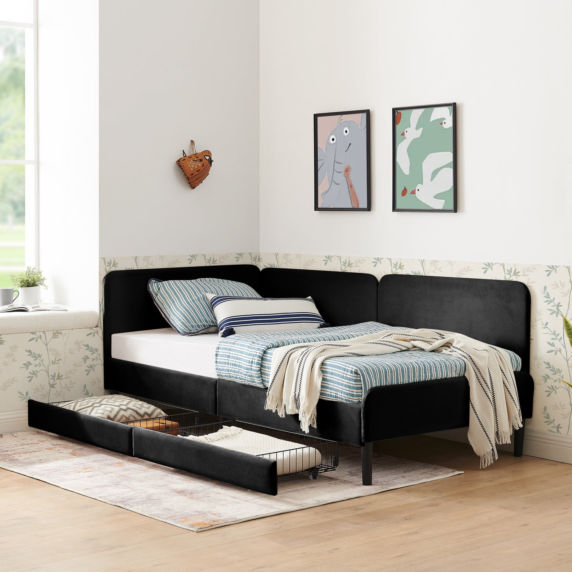 Twin Size Upholstered Platform Bed Frame with 2 Storage Drawers, Adjustable Velvet Sofa Bed, Black