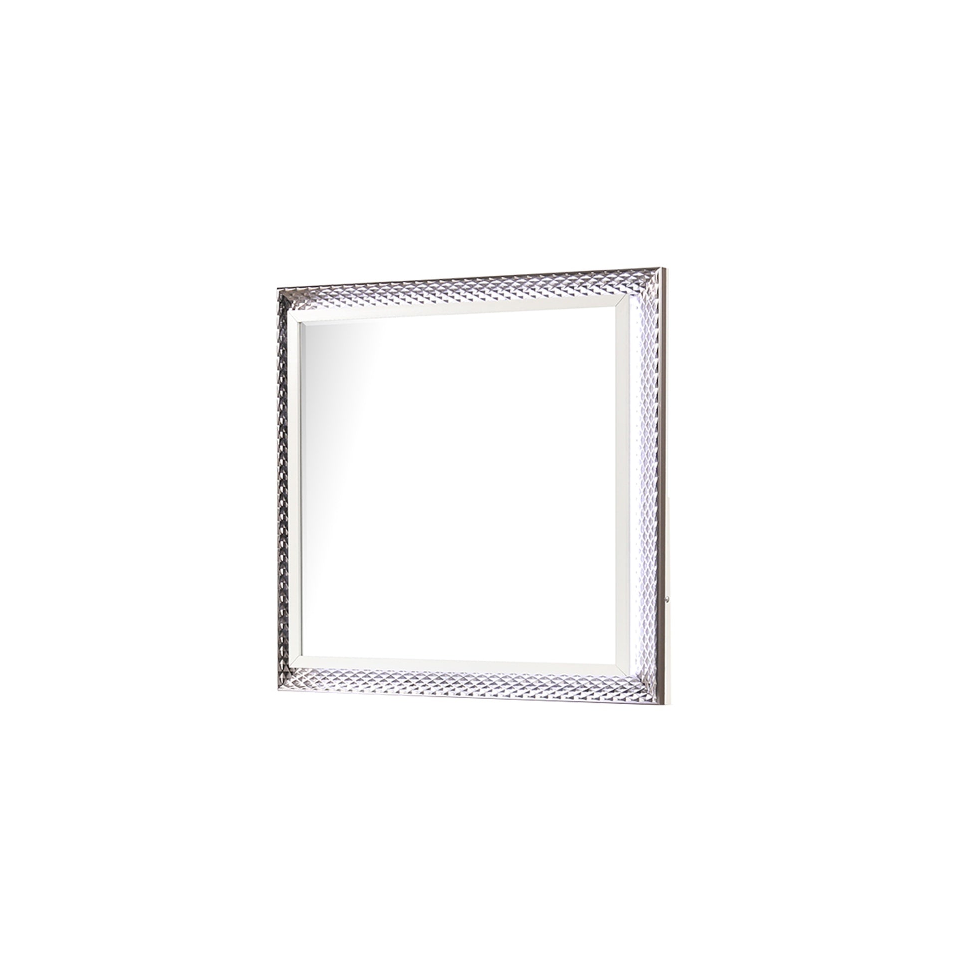 Fabio Contemporary Style Mirror Made with Diamond-Patterned Side Accents with LED Lighting and Wood in White Finish(INCLUDES ONLY MIRROR)  same as B009P309319 (CA inventory)