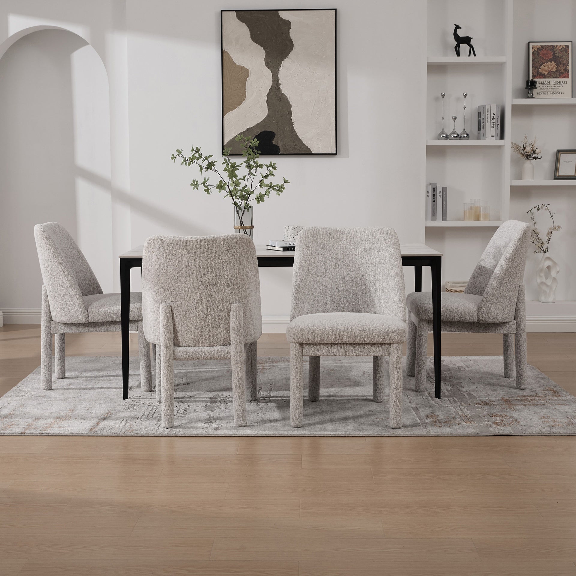 21.46" Wide Modern Minimalist Dining Chair Set Of 4, Chenille Upholstered, Rubberwood Legs, High Curved Backrest, Suitable For Dining Room, Kitchen, Living Room, Bedroom, Apartment,BEIGE