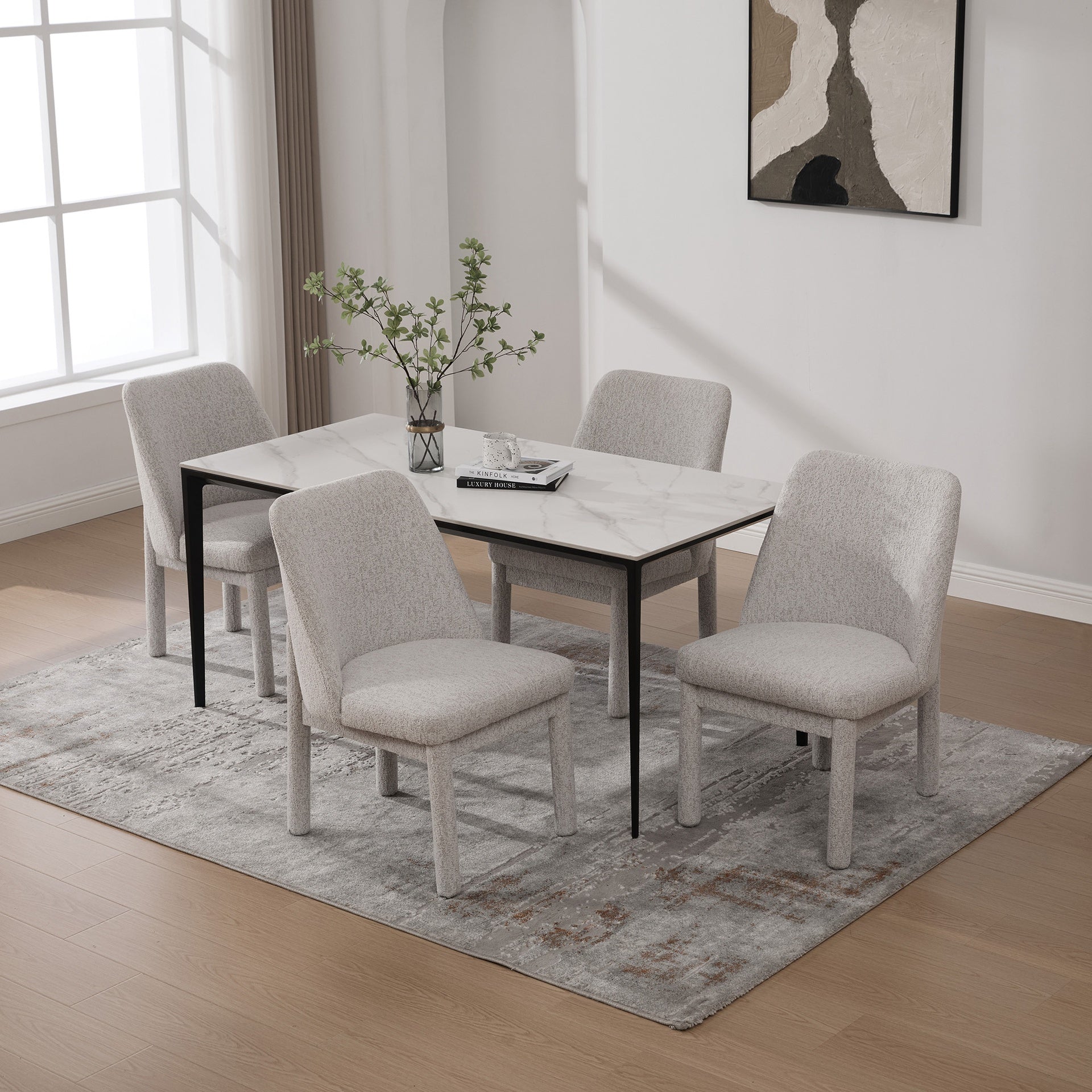 21.46" Wide Modern Minimalist Dining Chair Set Of 4, Chenille Upholstered, Rubberwood Legs, High Curved Backrest, Suitable For Dining Room, Kitchen, Living Room, Bedroom, Apartment,BEIGE