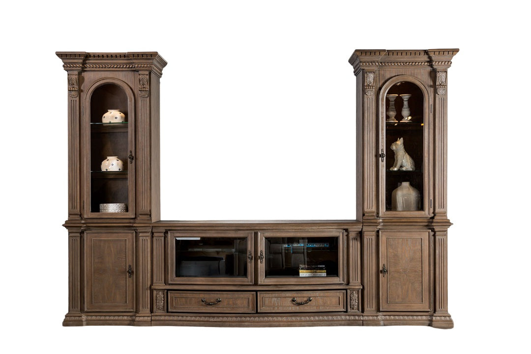 Traditional Style TV Console Base Entertainment Center With 6 Doors And 2 Drawers Carved Detail Design Dentil Moldings Reeded Posts Weather Oak Finish