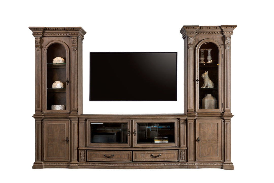 Traditional Style TV Console Base Entertainment Center With 6 Doors And 2 Drawers Carved Detail Design Dentil Moldings Reeded Posts Weather Oak Finish
