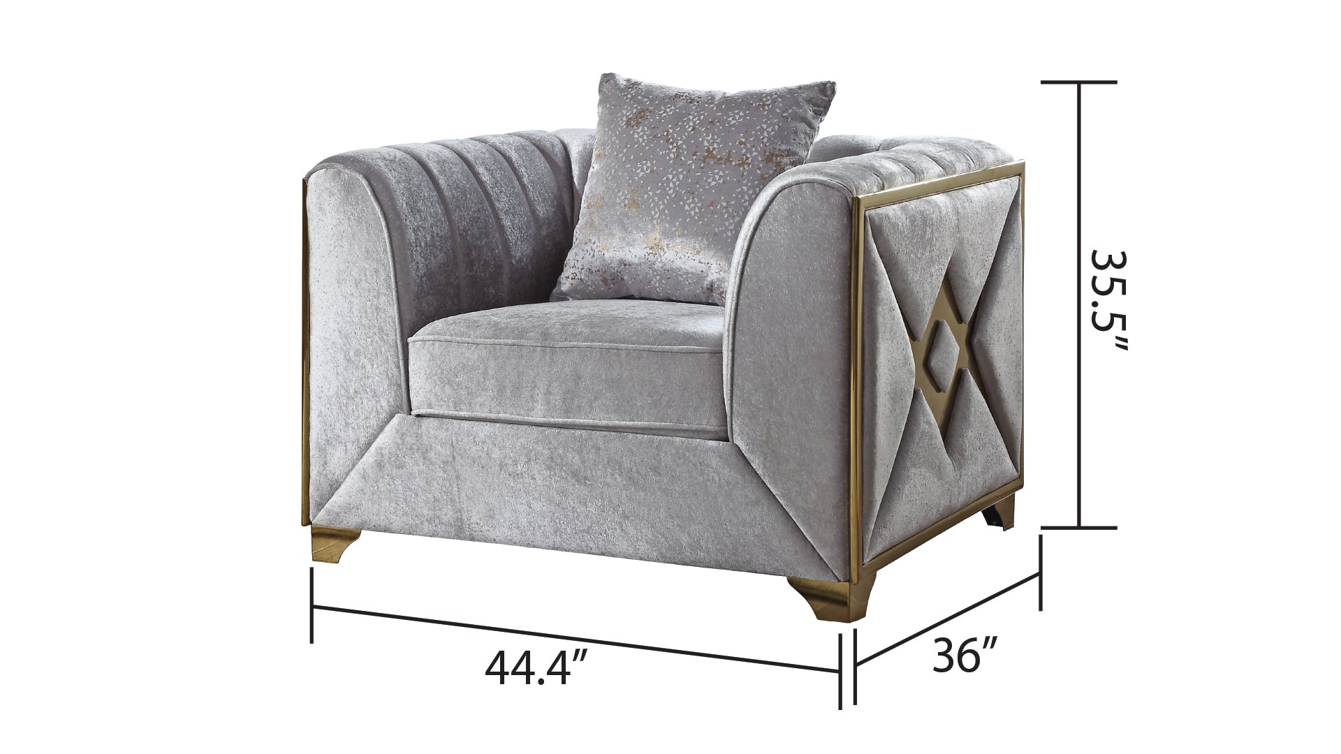 Velencia upholstery, bold gold "X" inlay accents, and elegant tufting 3Pc Modern Living Room Set in Silver (NJ INVENTORY)