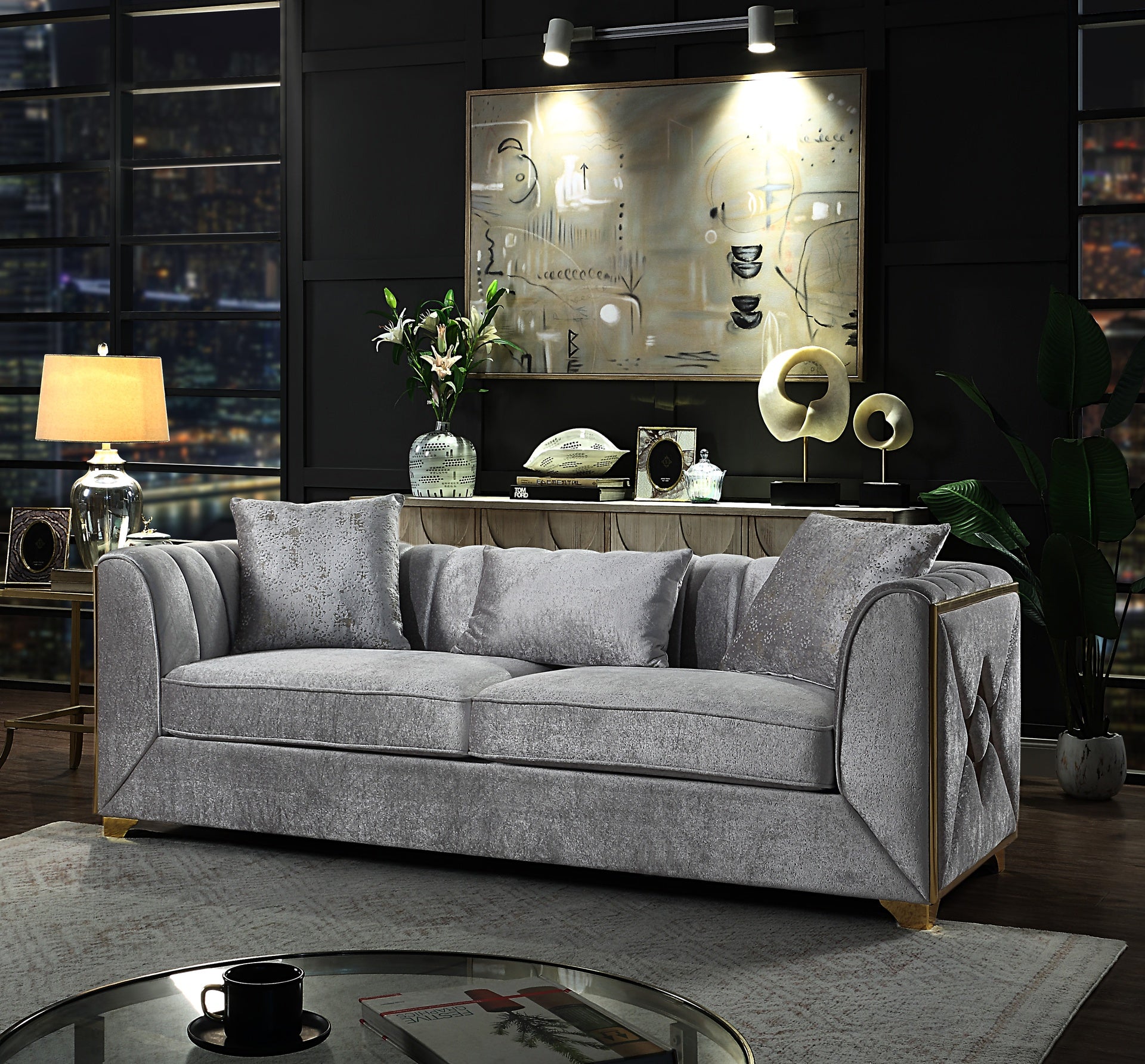 Velencia upholstery, bold gold "X" inlay accents, and elegant tufting 3Pc Modern Living Room Set in Silver (NJ INVENTORY)