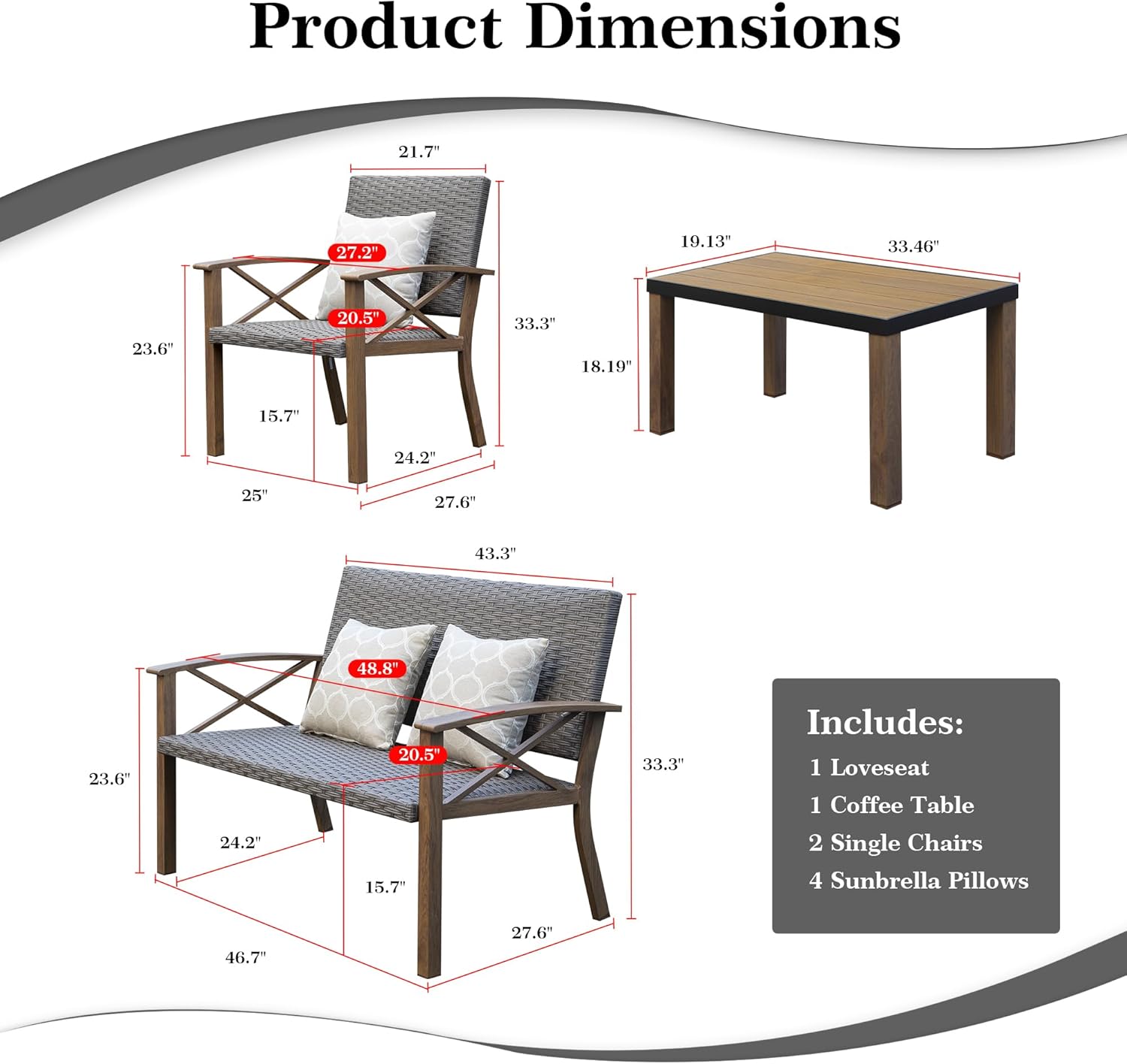 Aluminum Patio Furniture Set, 4-Piece Modern Conversation Set with Cotton Padding Backrests and Seats, Outdoor Sectional Metal Sofa Set with 5.5 Inch Cushion and Coffee Table for Balcony, Garden