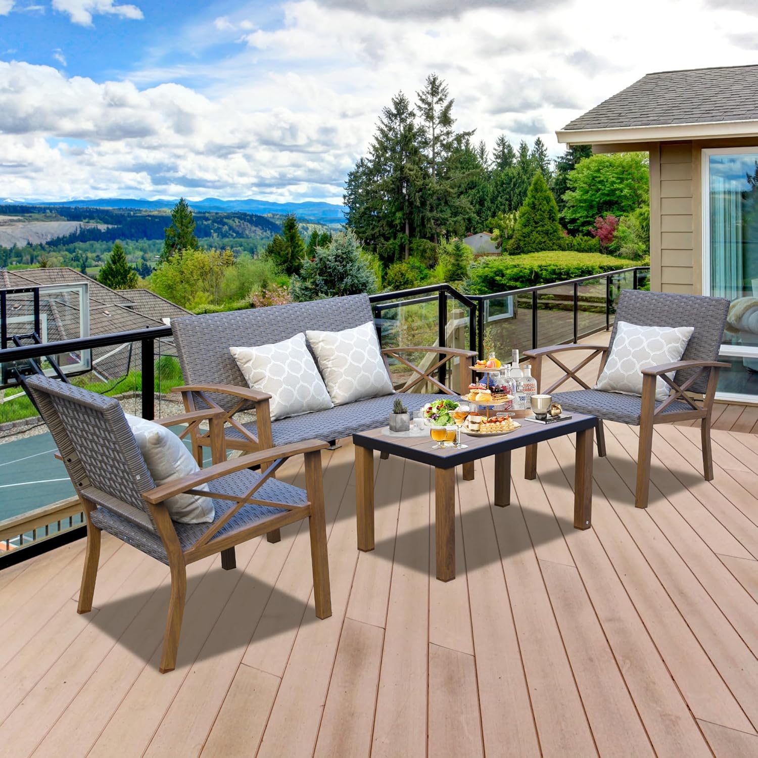 Aluminum Patio Furniture Set, 4-Piece Modern Conversation Set with Cotton Padding Backrests and Seats, Outdoor Sectional Metal Sofa Set with 5.5 Inch Cushion and Coffee Table for Balcony, Garden
