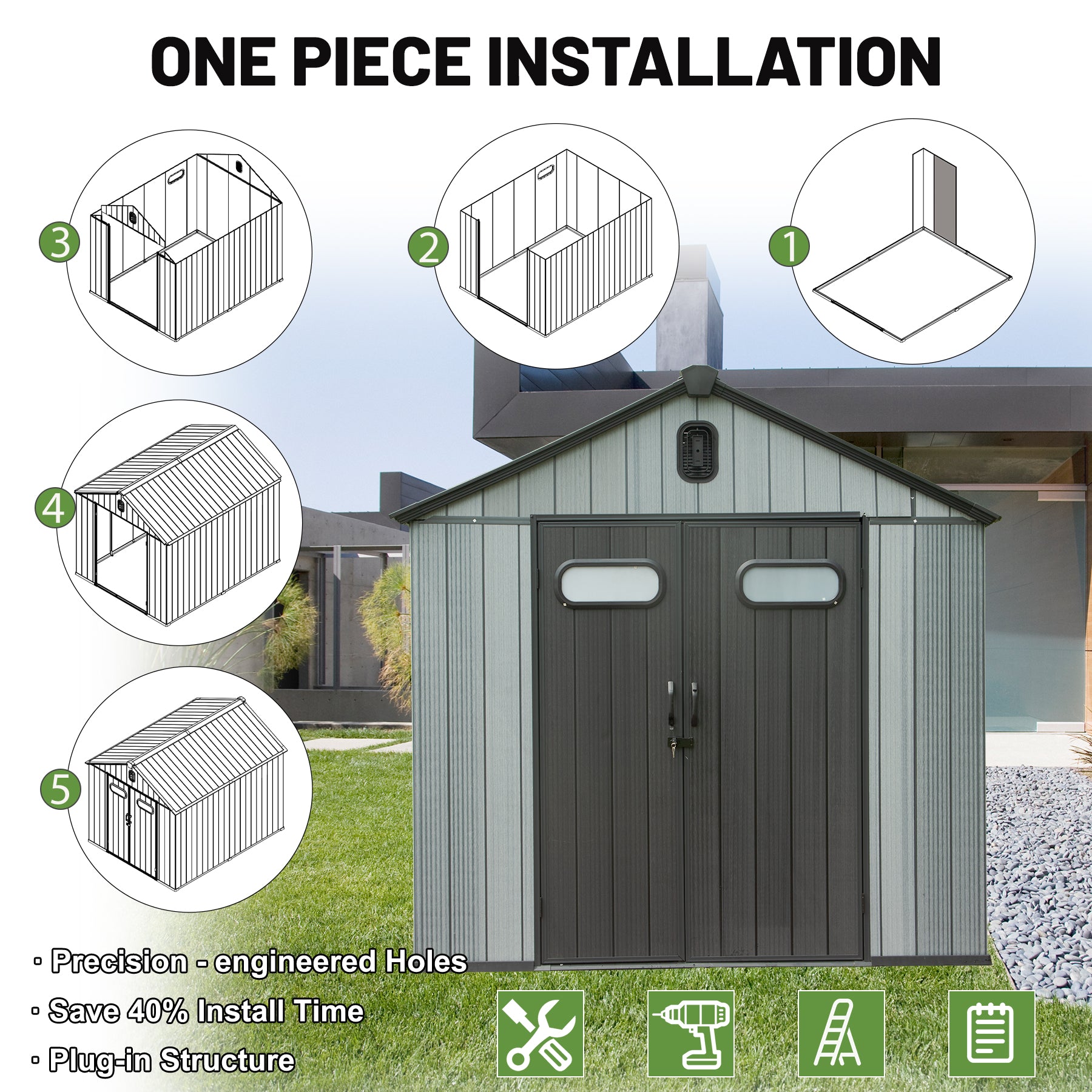 8X10FT Outdoor Resin Storage Shed, Waterproof Plastic Garden Shed with Lockable Door, Windows & Vents, Outside Tool Storage Shed for Patio Furniture, Lawn Mower, Bike