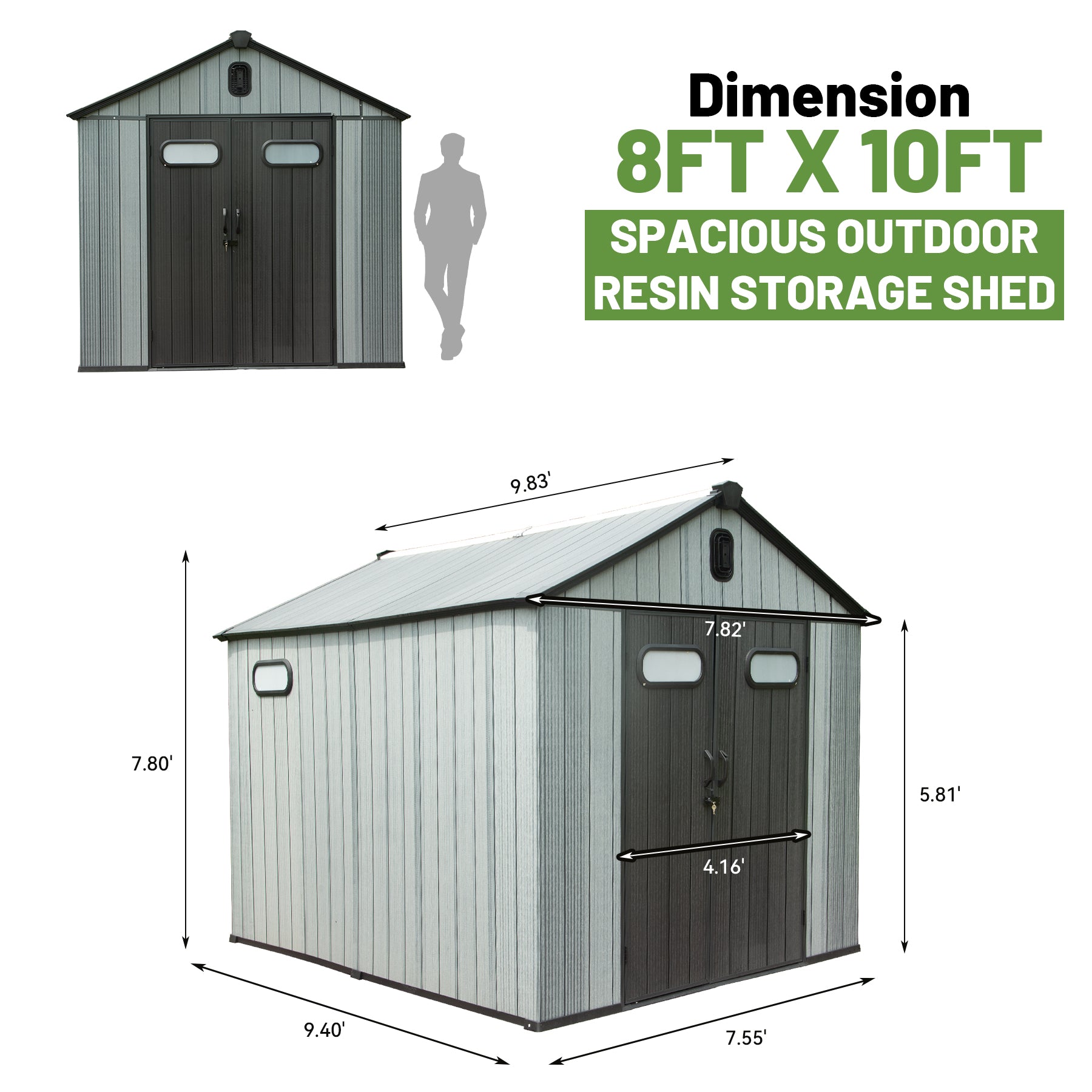8X10FT Outdoor Resin Storage Shed, Waterproof Plastic Garden Shed with Lockable Door, Windows & Vents, Outside Tool Storage Shed for Patio Furniture, Lawn Mower, Bike