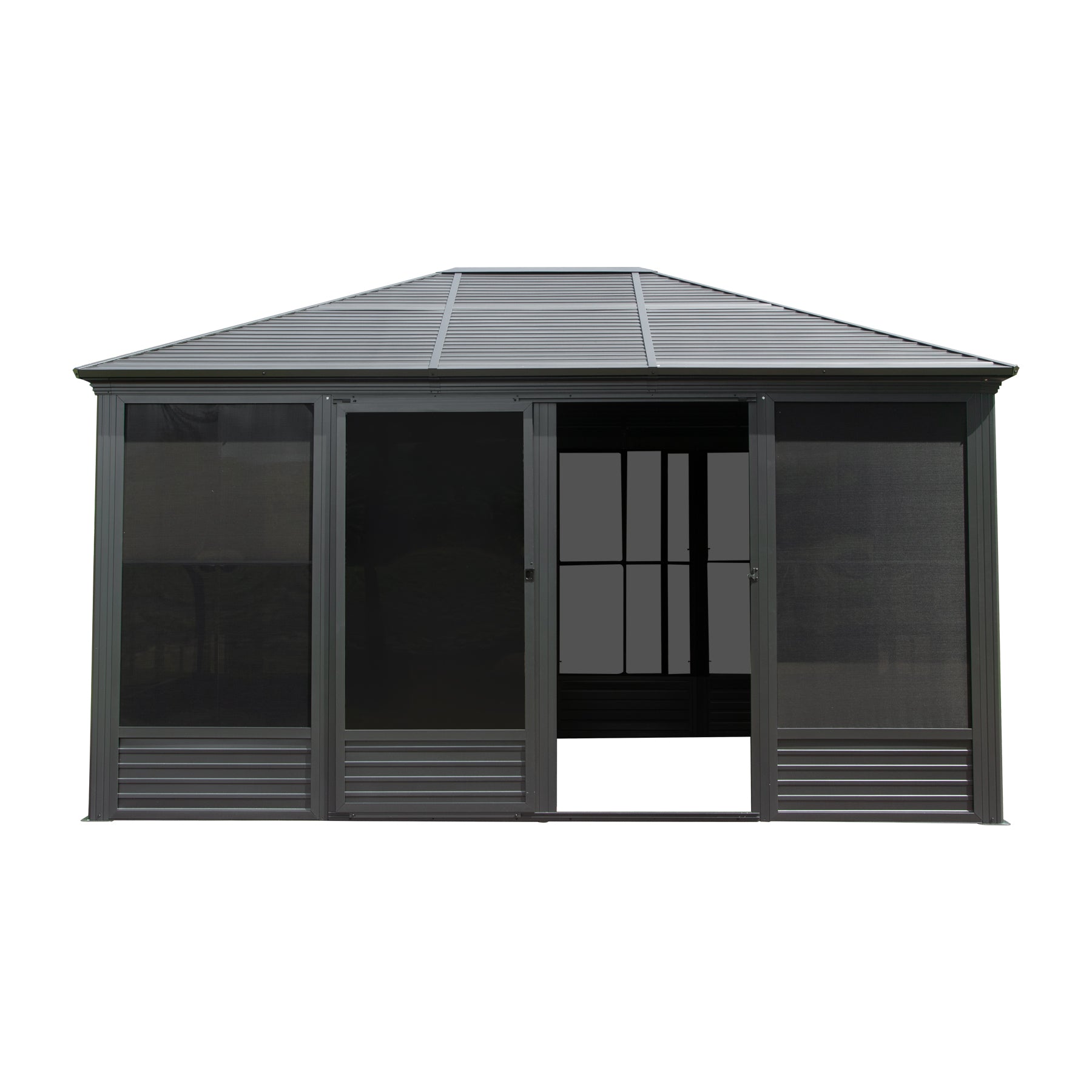 11.2x14.6FT Sunroom, Four Season Solarium Aluminum Hardtop Gazebo with Galvanized Steel Roof, Movable PVC Screen Walls, Sliding Doors, Sun Room Pavilion Gazebo for Patio Deck Backyard, Gray