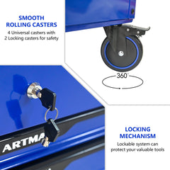 3 DRAWERS MULTIFUNCTIONAL TOOL CART WITH WHEELS AND WOODEN TOP-Blue