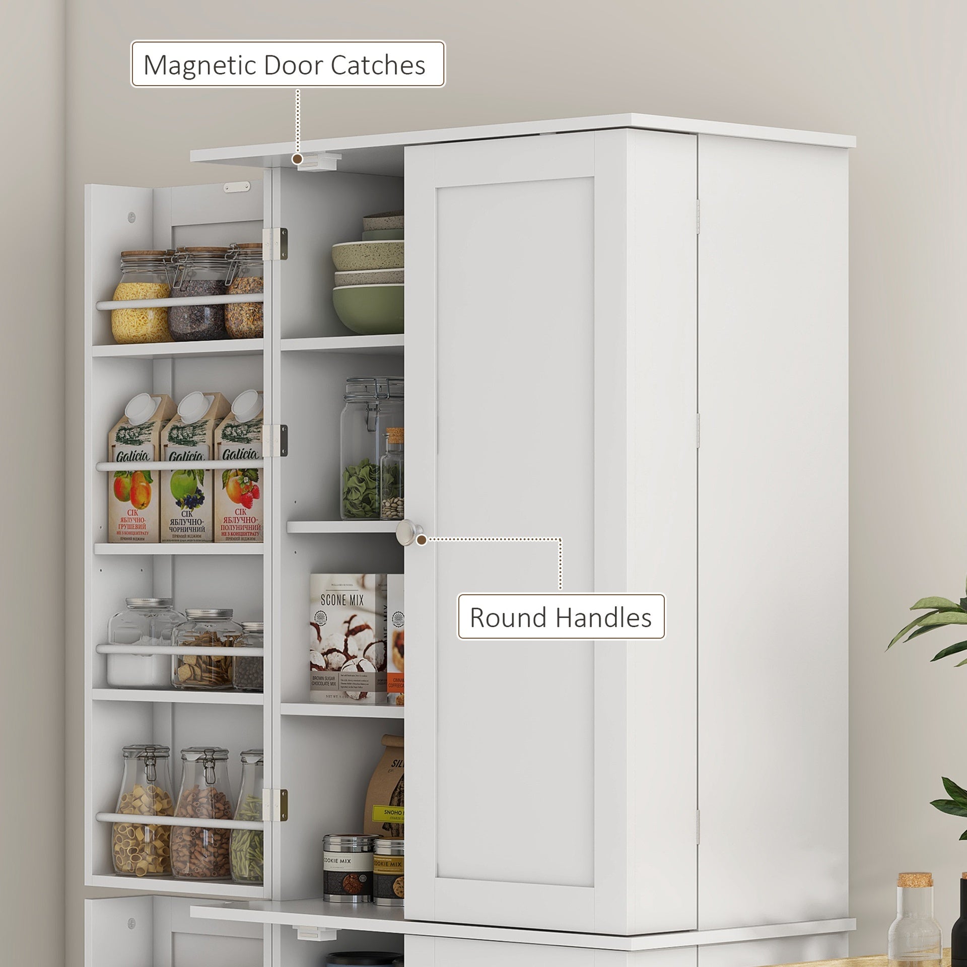 HOMCOM 65" Kitchen Pantry Cabinet, Modern Storage Cabinet with Doors and Shelves, Freestanding Cupboard for Dining Room, White