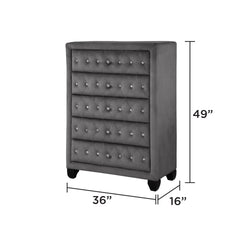 Sophia Modern Style Crystal Tufted Upholstery 5-Drawer Chest finished with Velvet Fabric made with Wood in Gray  same as 733569252343 (CA inventory)