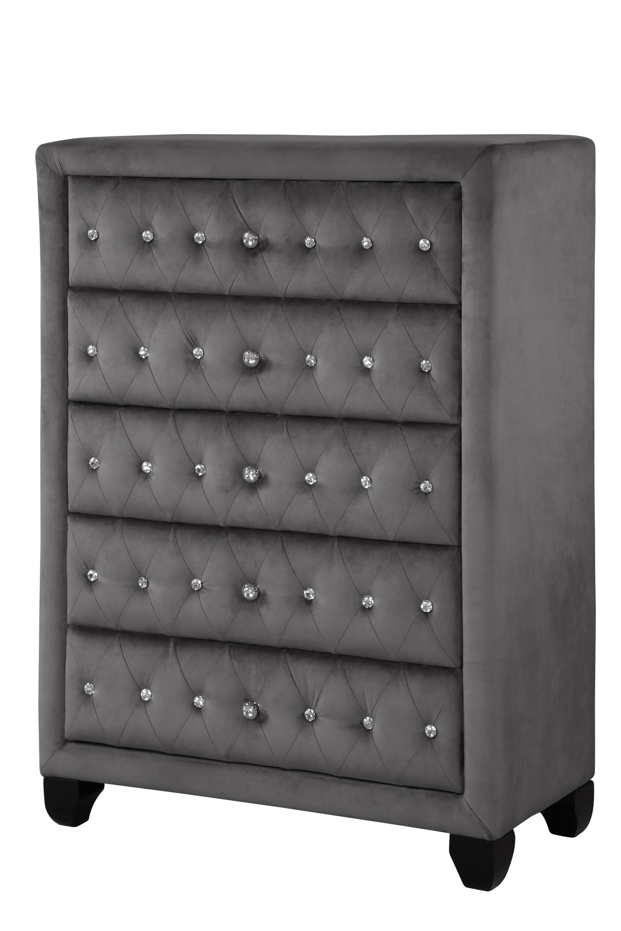 Sophia Modern Style Crystal Tufted Upholstery 5-Drawer Chest finished with Velvet Fabric made with Wood in Gray  same as 733569252343 (CA inventory)