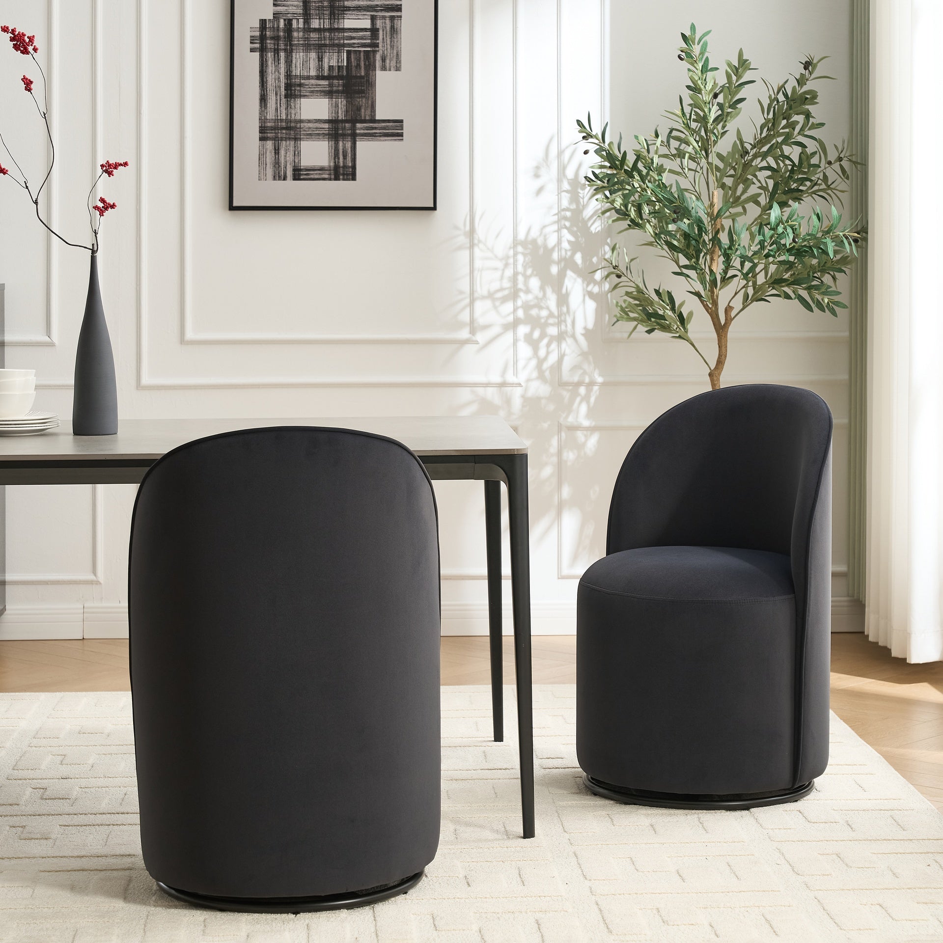 Set Of 1 Upholstered Kitchen & Dining Room Barrel Chair, Mid Century Modern Round Velvet Dining Chair, 360 Degree Swivel Comfy Armless Accent Makeup Vanity Side Chair for Bedroom Living Room