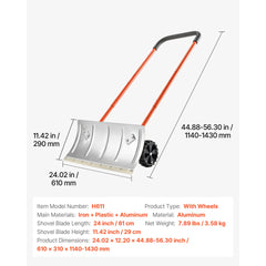 Winter Snow Pusher Shovel with Wheels 24 in Durable Metal Snow Plow for Driveway