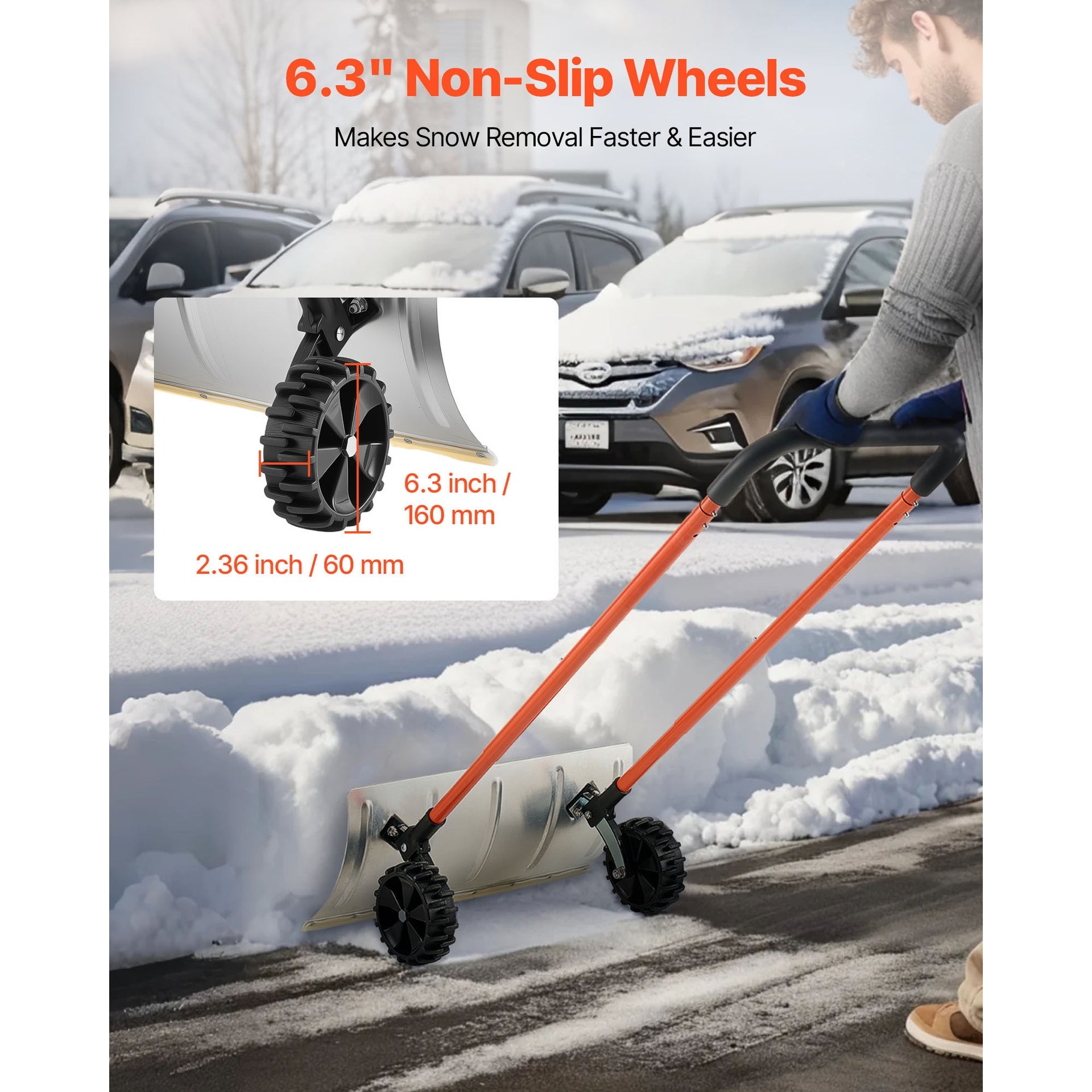 Winter Snow Pusher Shovel with Wheels 24 in Durable Metal Snow Plow for Driveway