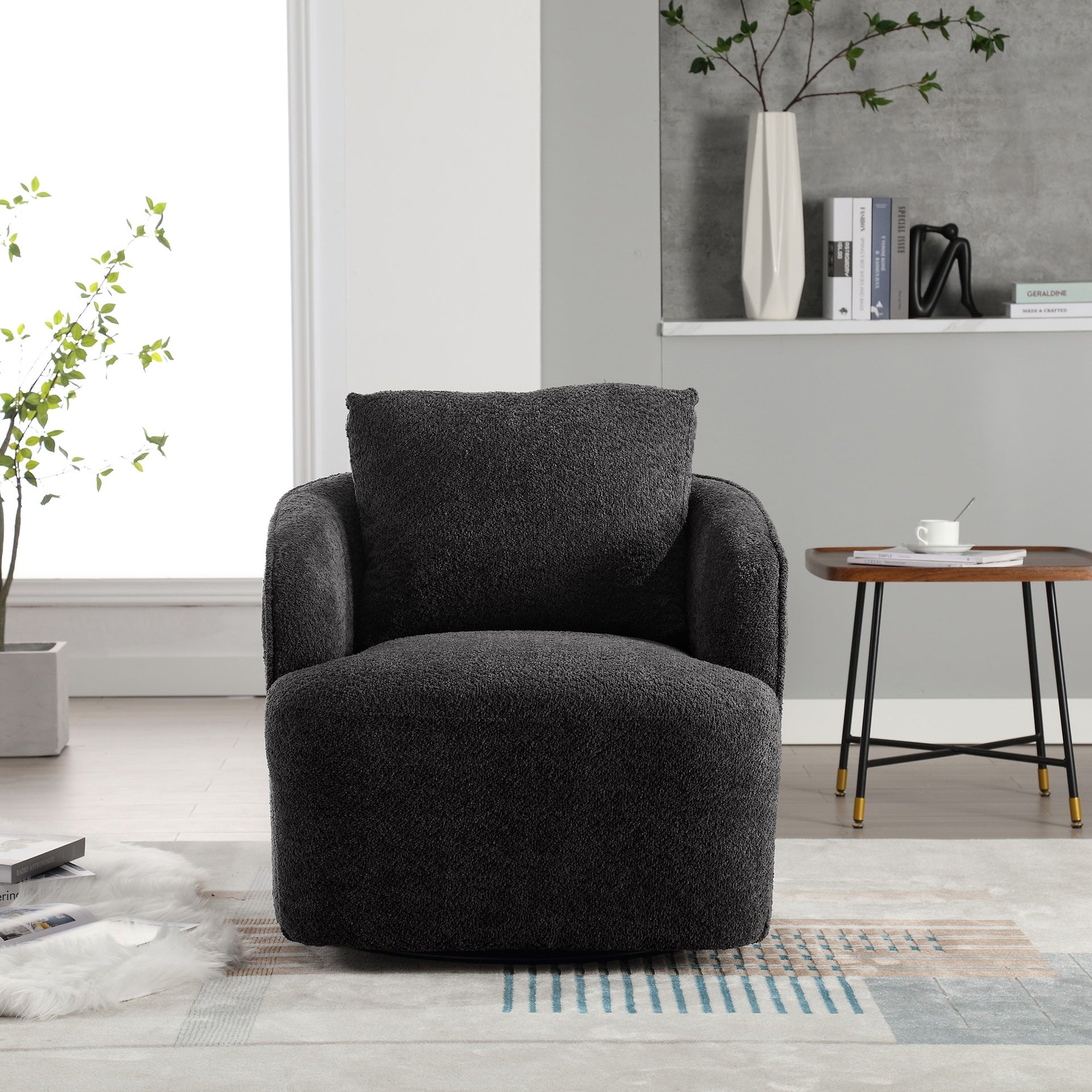 30.3"W Boucle Upholstered Swivel Accent Barrel Chair and Comfy Round Accent Single Sofa Chair, 360 Degree Club Bucket Chair, Lounge Armchair for Living Room Bedroom Nursery. Charcoal