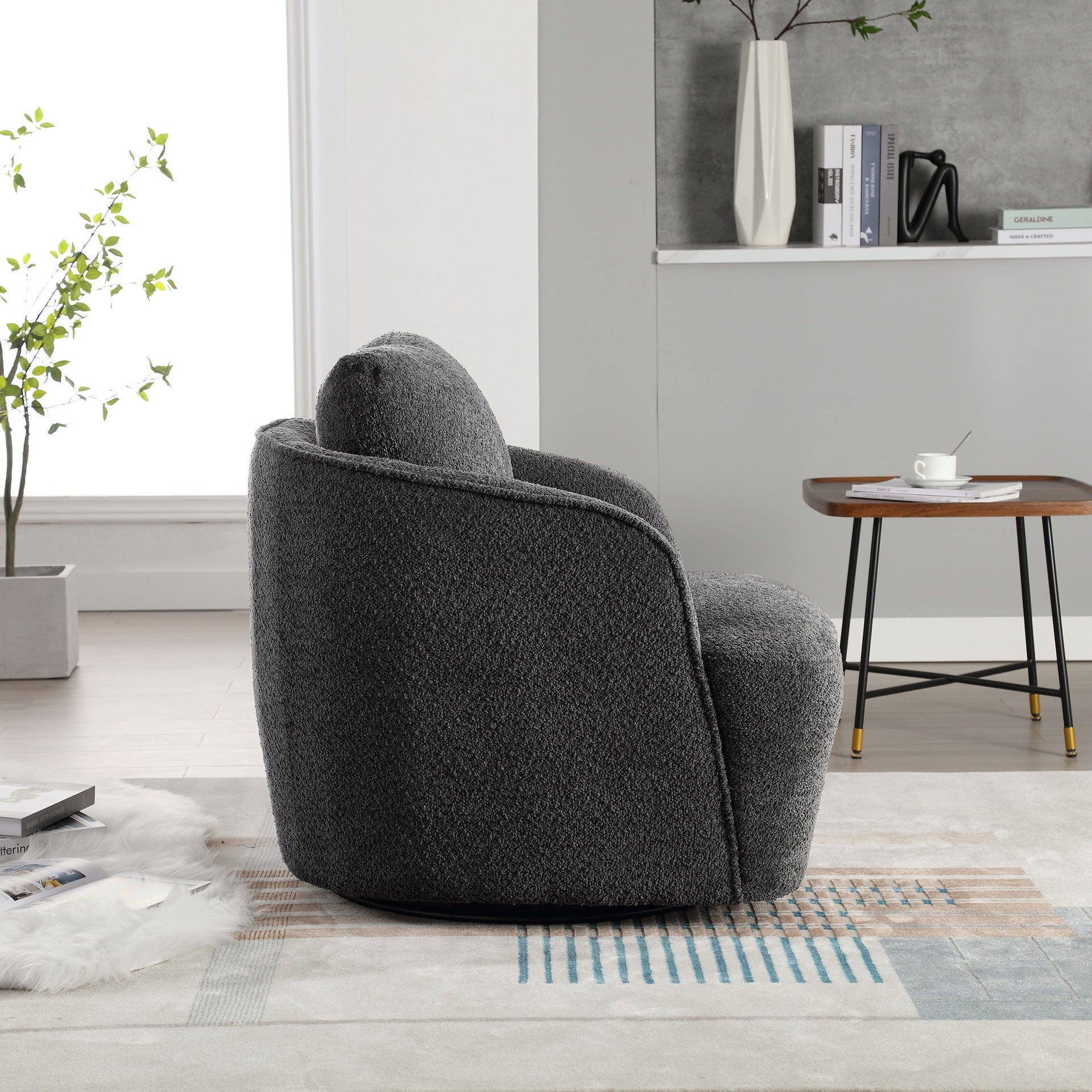 30.3"W Boucle Upholstered Swivel Accent Barrel Chair and Comfy Round Accent Single Sofa Chair, 360 Degree Club Bucket Chair, Lounge Armchair for Living Room Bedroom Nursery. Charcoal