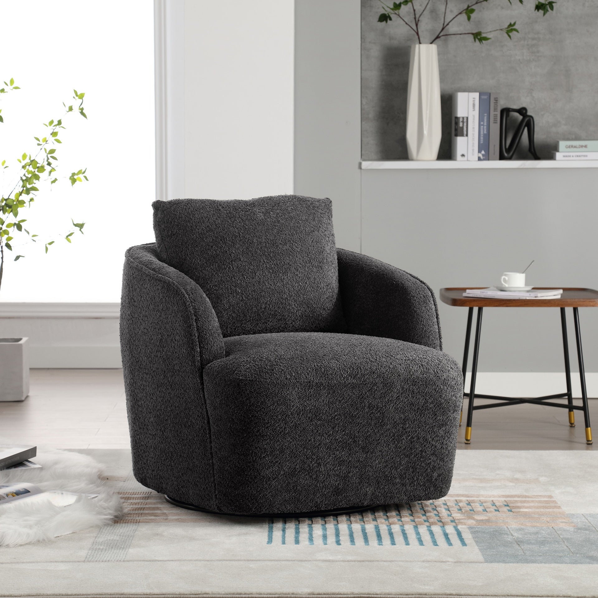 30.3"W Boucle Upholstered Swivel Accent Barrel Chair and Comfy Round Accent Single Sofa Chair, 360 Degree Club Bucket Chair, Lounge Armchair for Living Room Bedroom Nursery. Charcoal