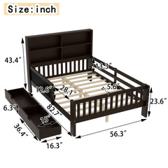 Full Platform Bed with Chalkboard, Solid Wood Platform Bed with Storage Drawers and Shelves, Childlike Fun and Space-saving Design, Espresso