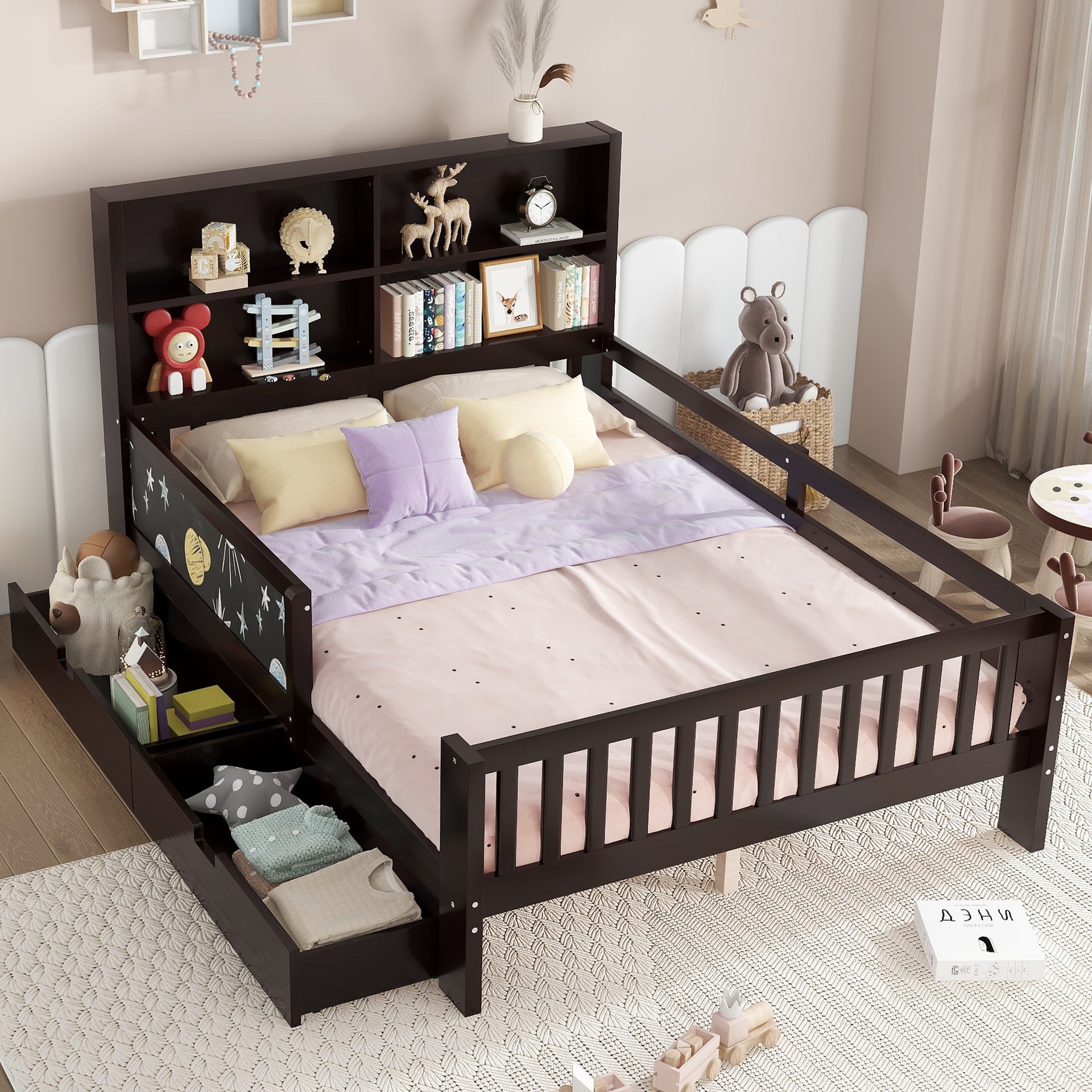 Full Platform Bed with Chalkboard, Solid Wood Platform Bed with Storage Drawers and Shelves, Childlike Fun and Space-saving Design, Espresso