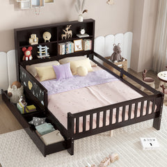 Full Platform Bed with Chalkboard, Solid Wood Platform Bed with Storage Drawers and Shelves, Childlike Fun and Space-saving Design, Espresso
