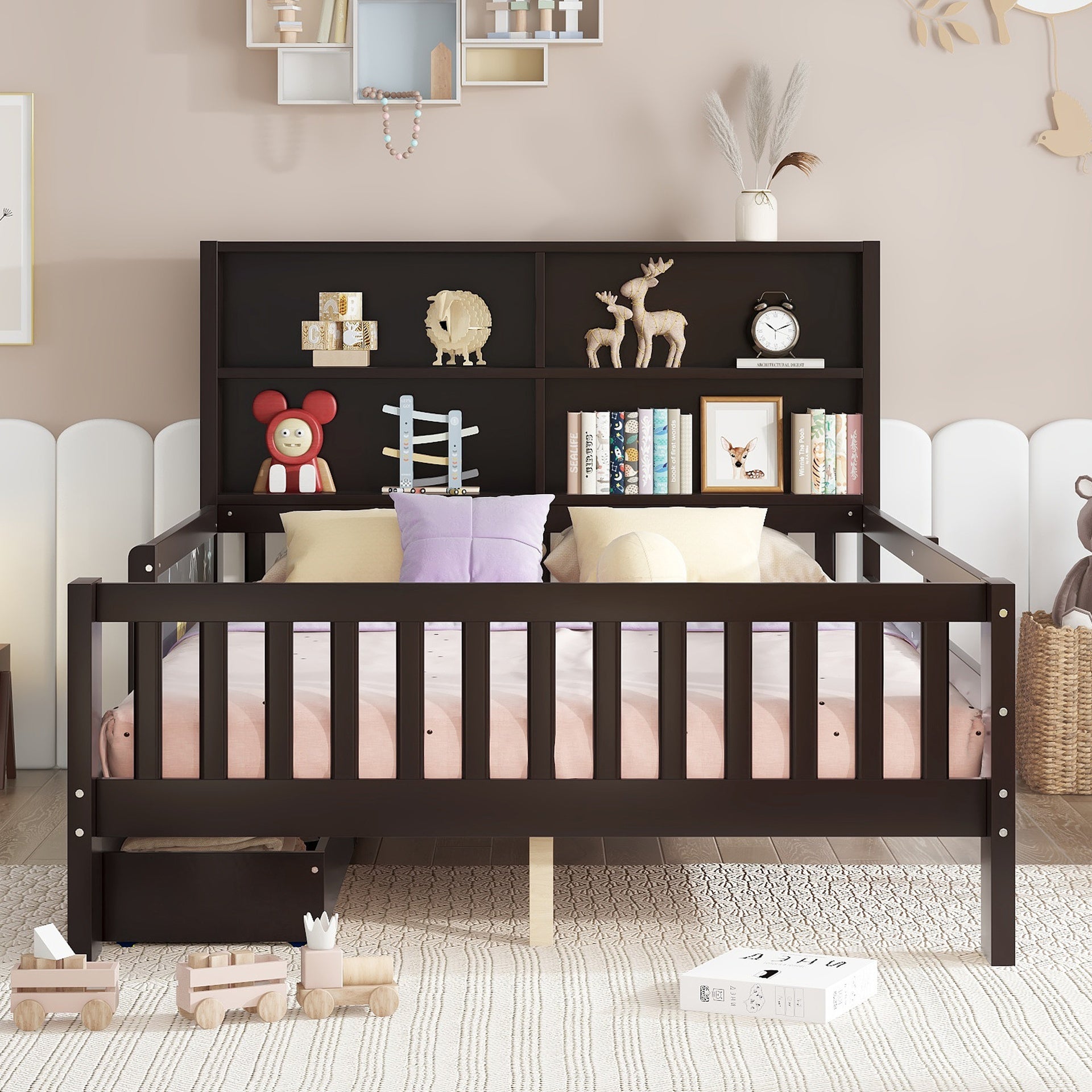 Full Platform Bed with Chalkboard, Solid Wood Platform Bed with Storage Drawers and Shelves, Childlike Fun and Space-saving Design, Espresso