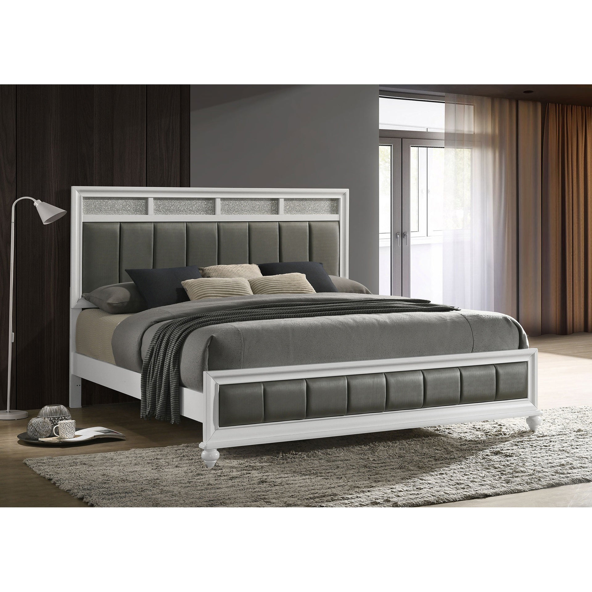 Talia White and Grey Upholstered Eastern King Panel Bed