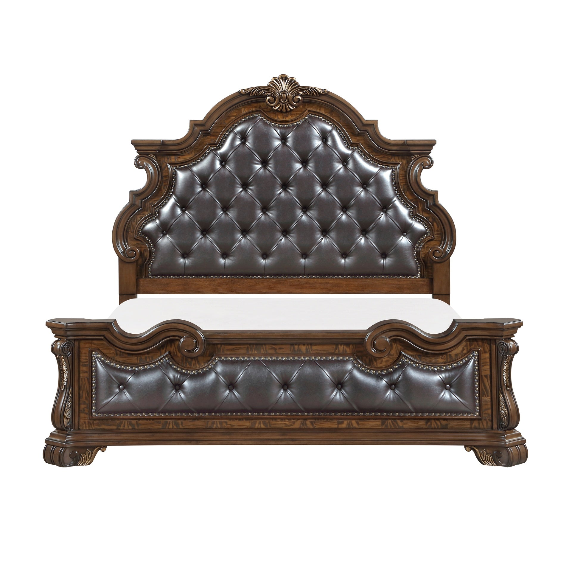 Formal Traditional Dark Brown Finish Luxury California King Bed Tufted Headboard Intricate Carvings Gold Accent Detailing Bedroom Furniture 1pc