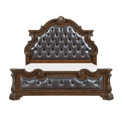 Formal Traditional Dark Brown Finish Luxury California King Bed Tufted Headboard Intricate Carvings Gold Accent Detailing Bedroom Furniture 1pc