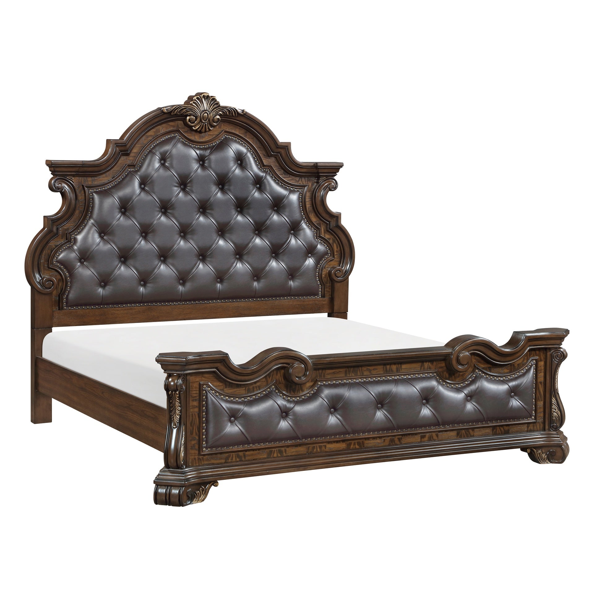 Formal Traditional Dark Brown Finish Luxury California King Bed Tufted Headboard Intricate Carvings Gold Accent Detailing Bedroom Furniture 1pc