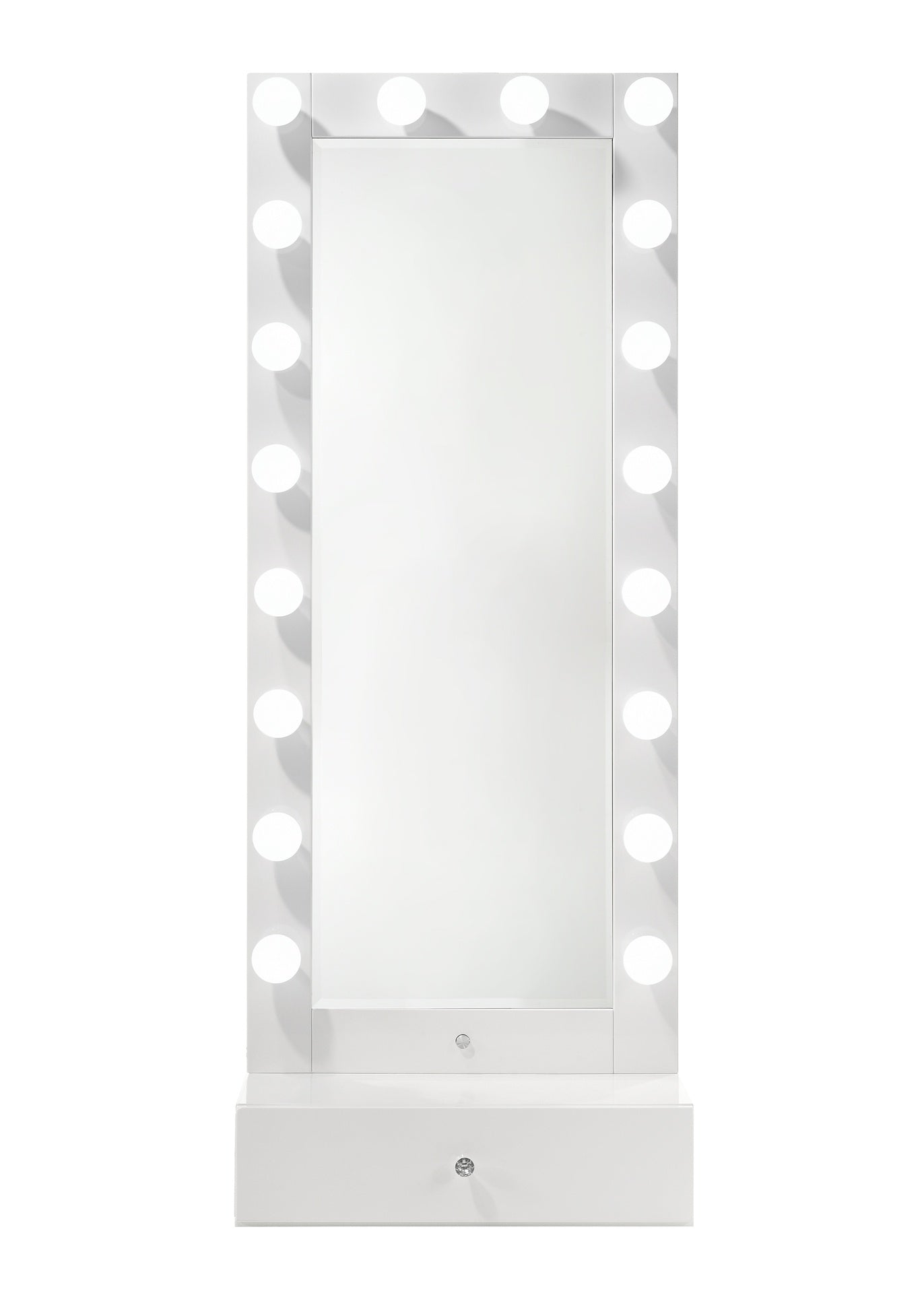 1pc Glam Tall Lighted Mirror with Drawer Box Beveled Mirror Crystal Knob Glossy White Finish Vanity